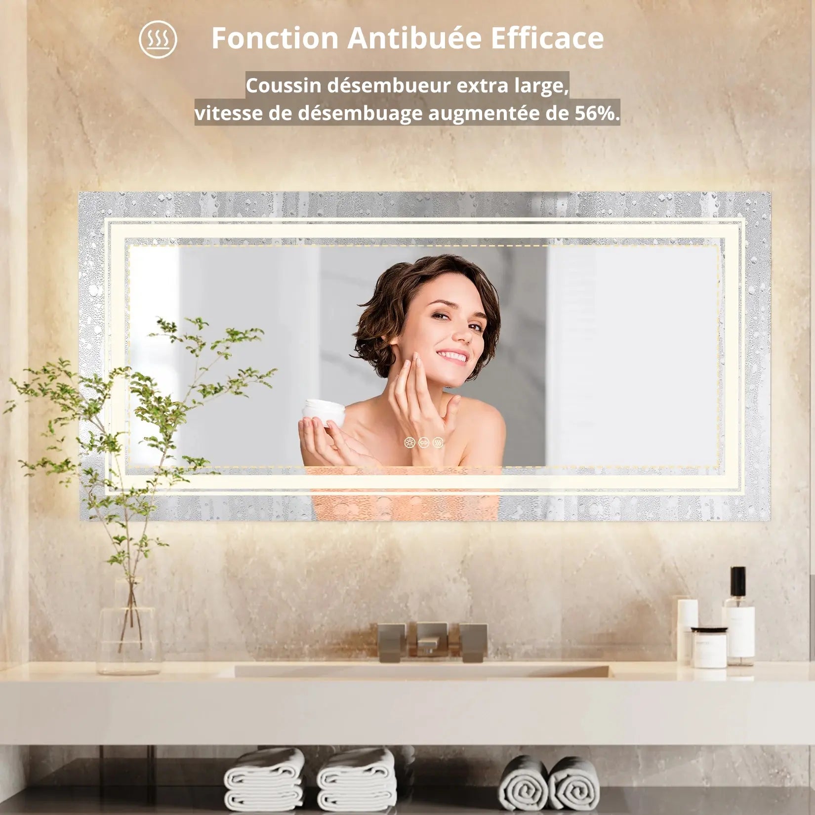 Fonction anti-buée du miroir pour double vasque avec coussin désembueur performant.