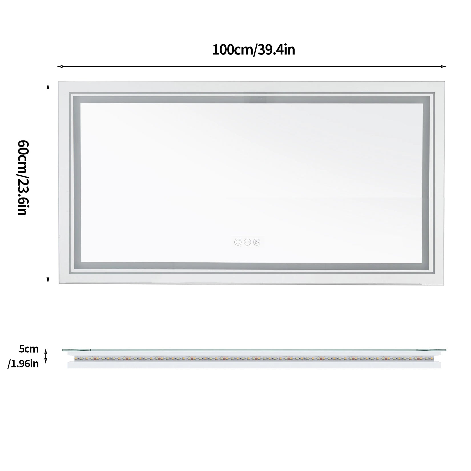 Miroir LED pour double vasque de 100x60 cm avec rétroéclairage périphérique.