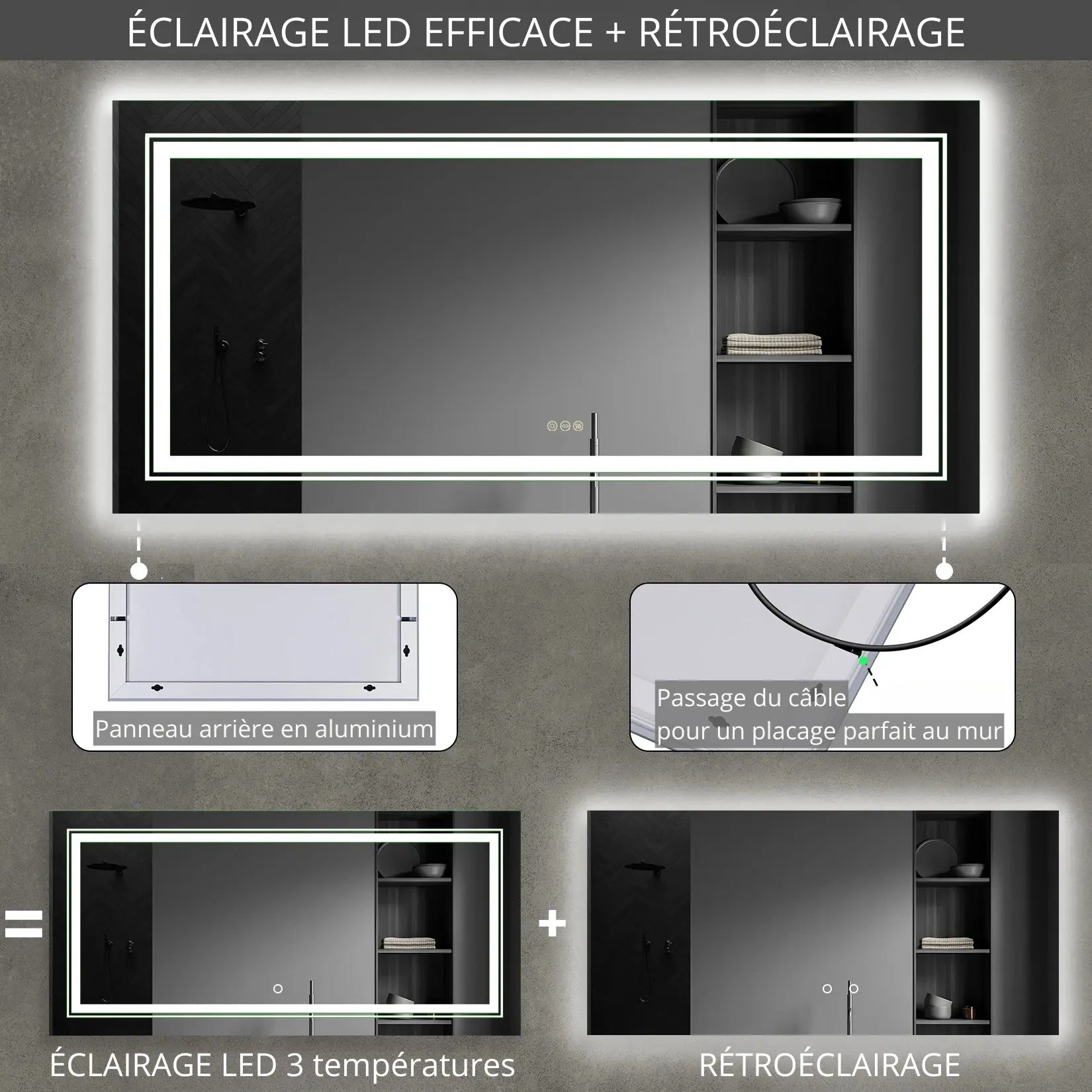 Miroir mural pour double vasque avec rétroéclairage LED, panneau alu et câble intégré.
