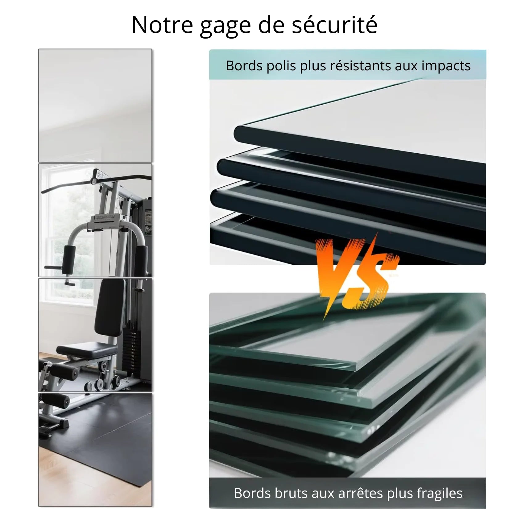 Miroir pour salle de sport bords polis sécurité.