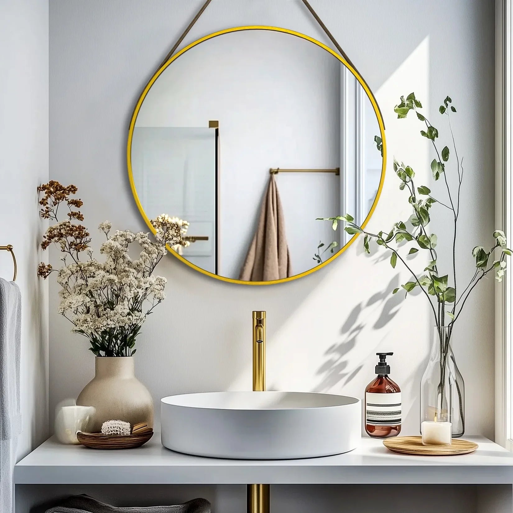 Miroir pour une entrée rond utilisé en salle de bain.