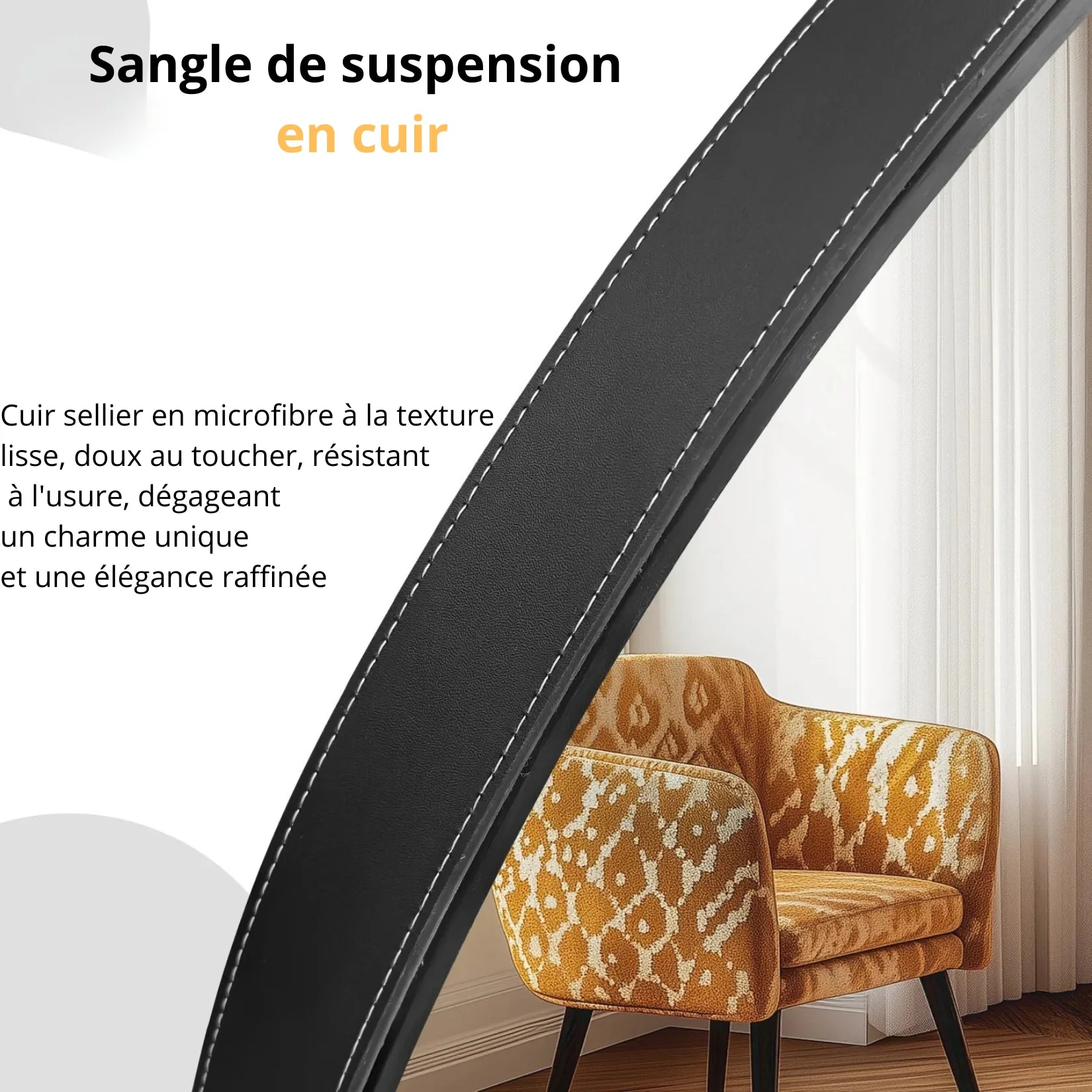 Détail sangle en cuir pour miroir d'entrée.