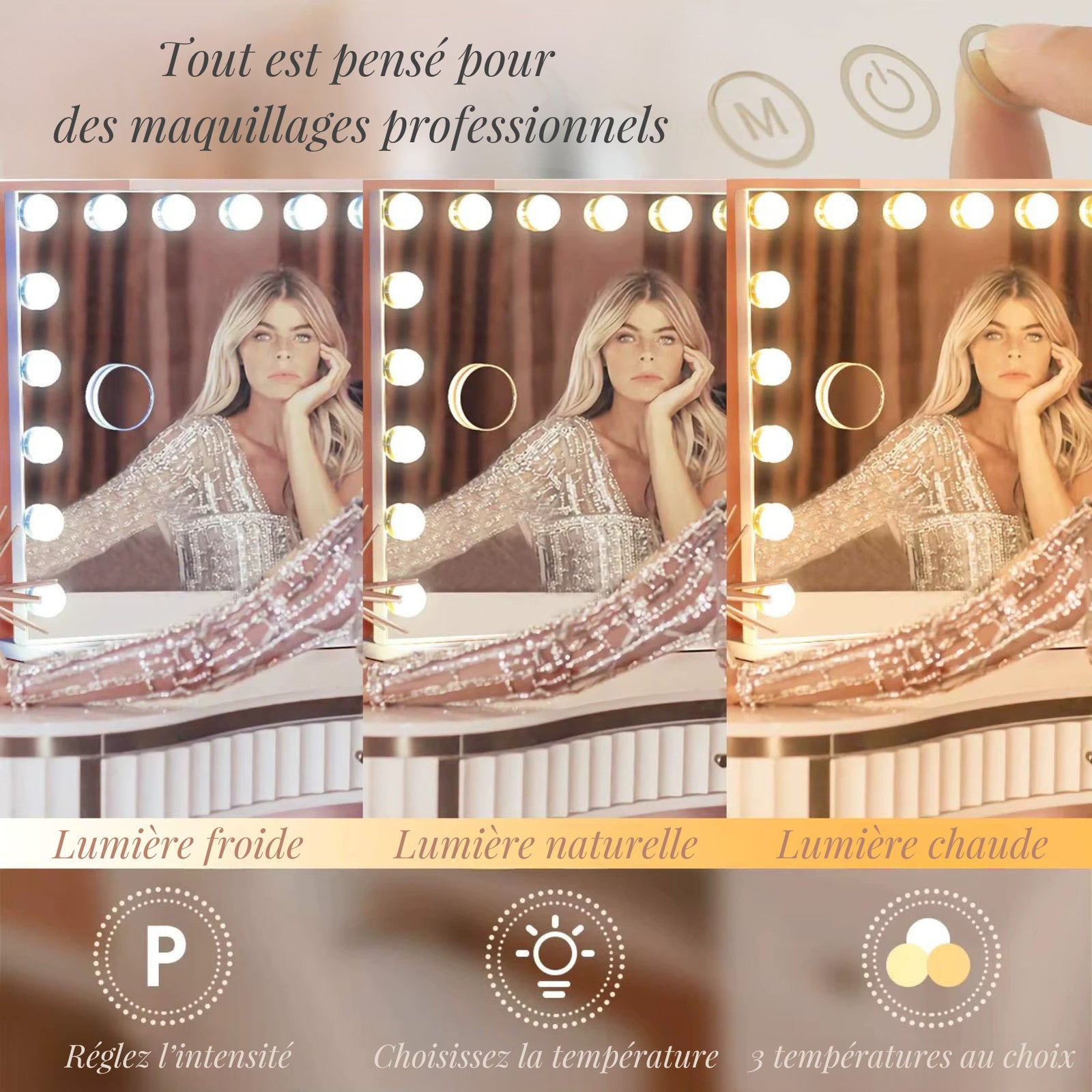 Miroir professionnel maquillage avec trois températures de lumière et réglage de l'intensité