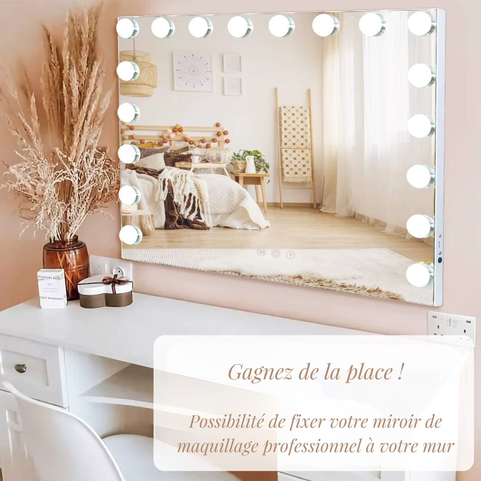 Miroir professionnel maquillage avec option de montage mural pour gagner de l'espace