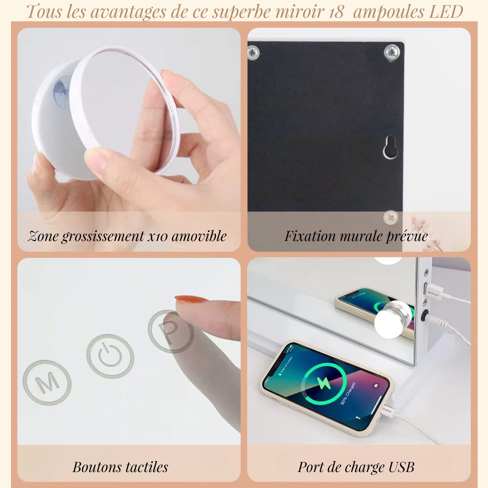 Miroir professionnel de maquillage grossissant 10x avec boutons tactiles et port de charge USB