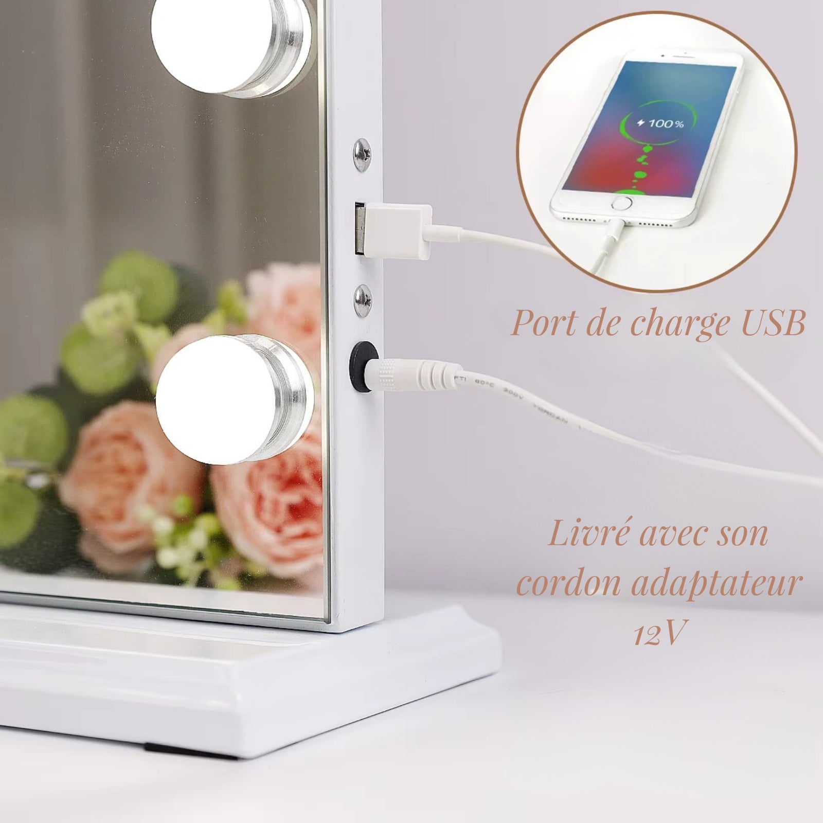 Miroir professionnel maquillage avec port de charge USB et éclairage LED