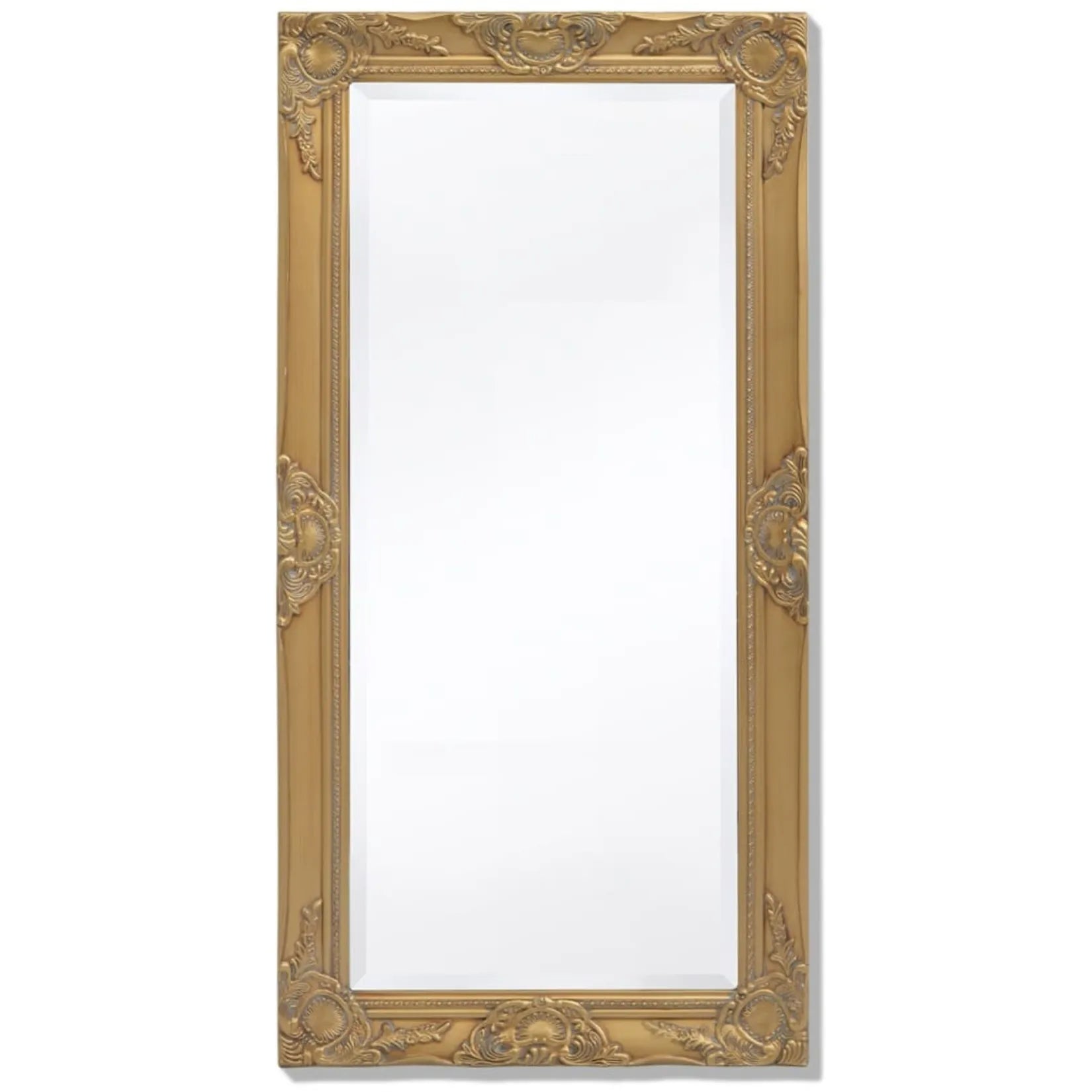 Vue de face du miroir rectangulaire bois avec cadre sculpté baroque.