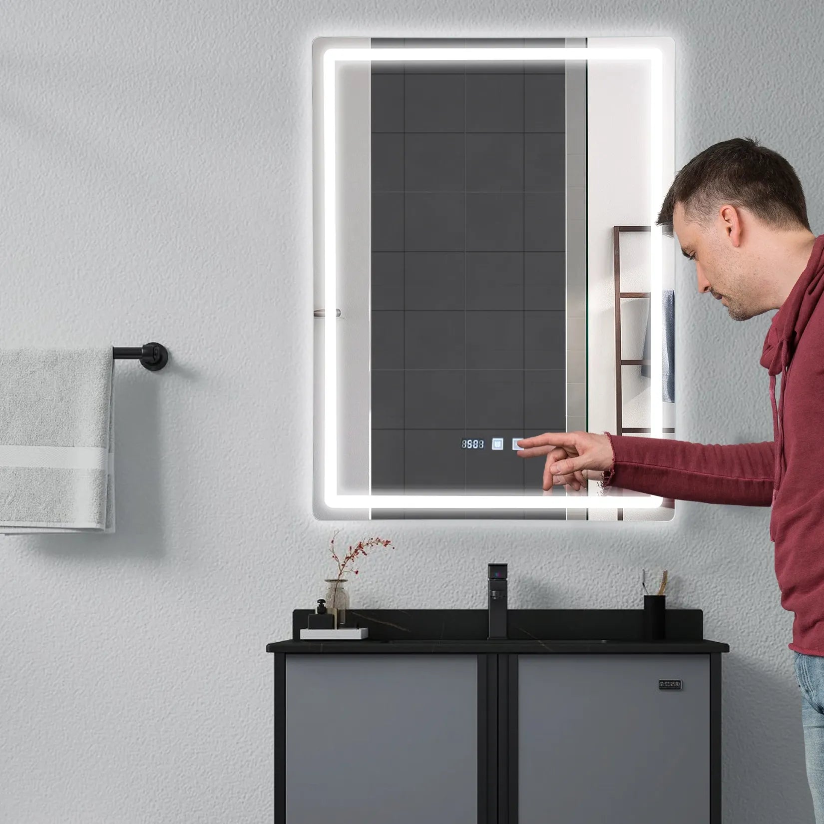 Miroir rectangulaire LED – commande tactile lumière froide.