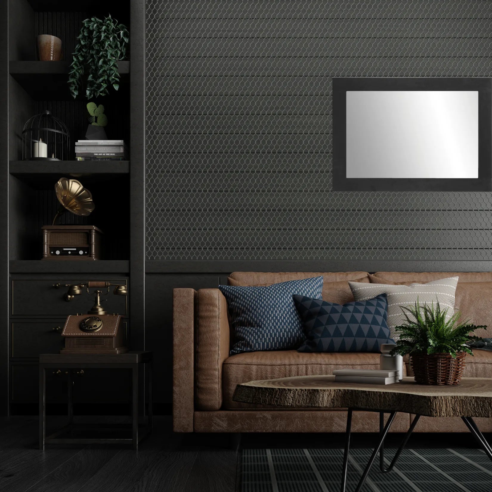 Miroir noir rectangulaire dans une pièce au style sombre et mobilier vintage.