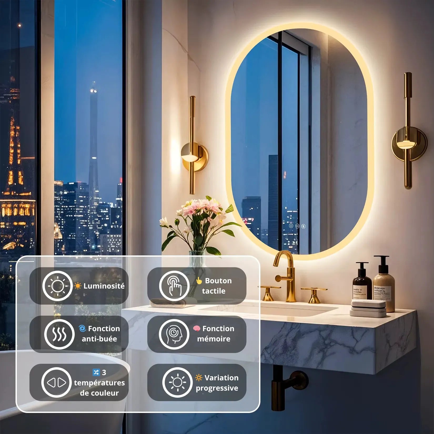 Miroir rétroéclairé ovale LED – Luminosité, anti-buée, tactile, mémoire.