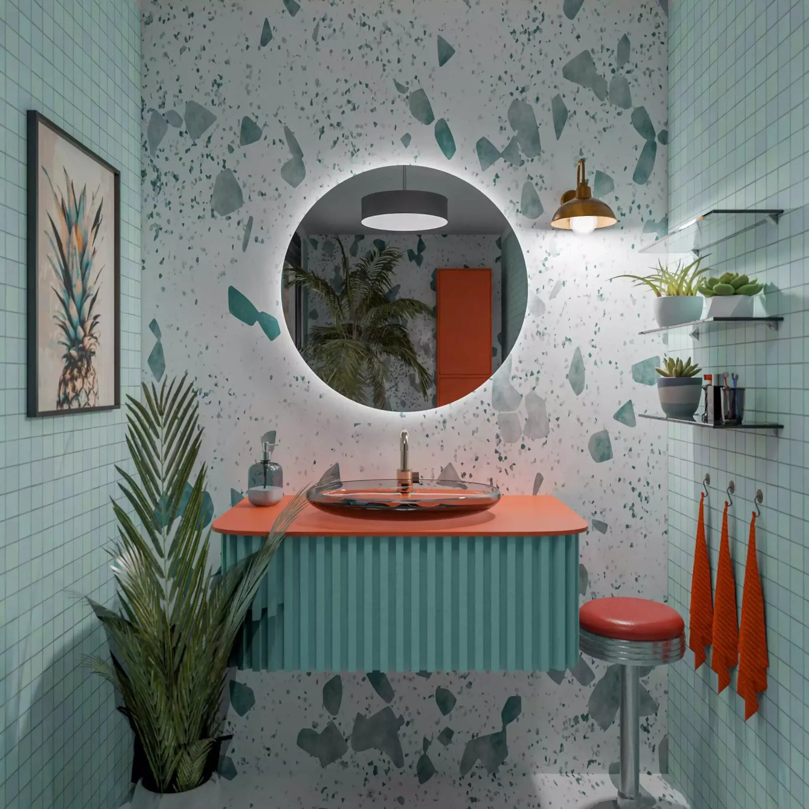 Miroir rond 120 cm LED – ambiance colorée salle de bain terrazzo.