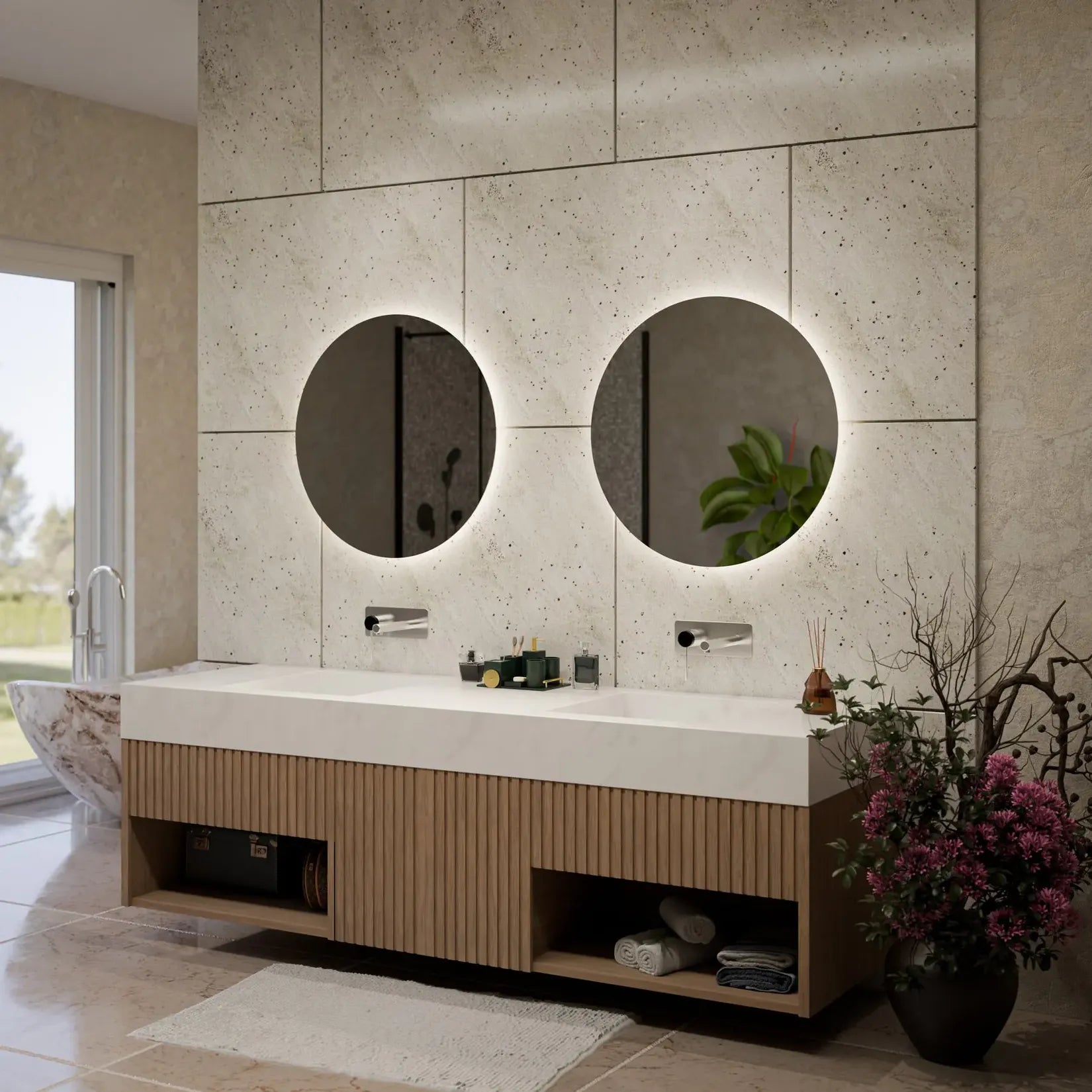 Miroir rond 120 cm Dual LED rétroéclairage chaud – ambiance naturelle.