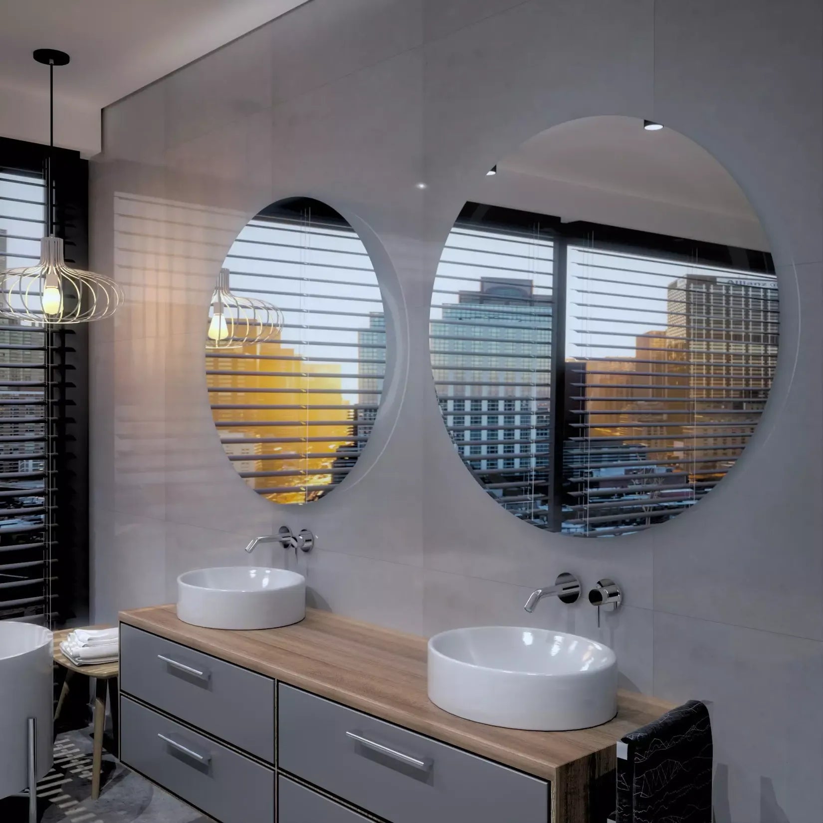 Miroir rond 120 cm LED sans cadre – vue ambiance salle de bain double vasque.