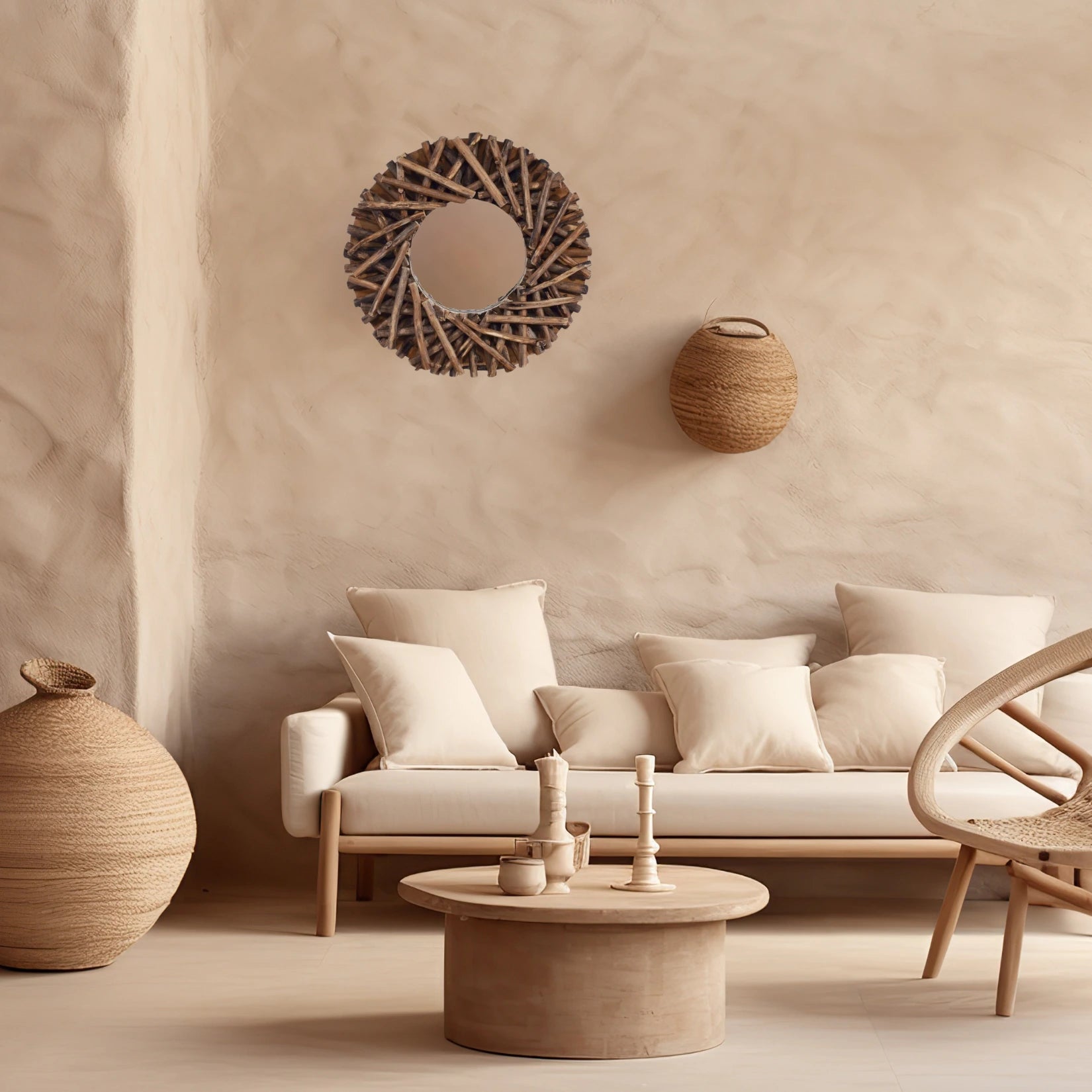 Miroir rond en bois flotté en décoration murale dans un salon naturel.