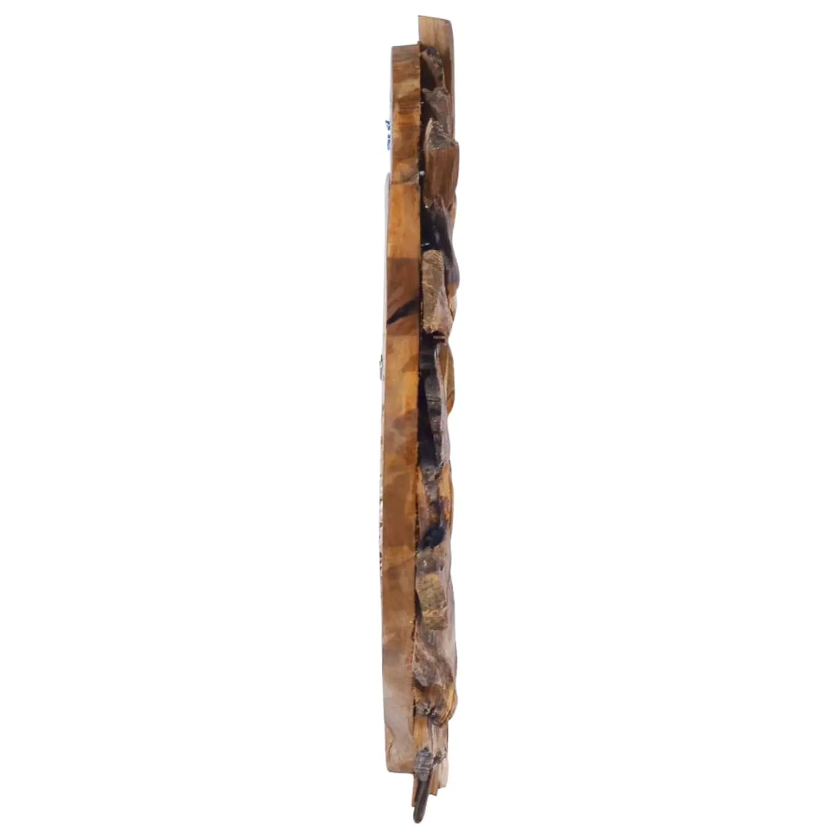 Miroir rond bois flotté épaisseur 8 cm vue de profil cadre teck.
