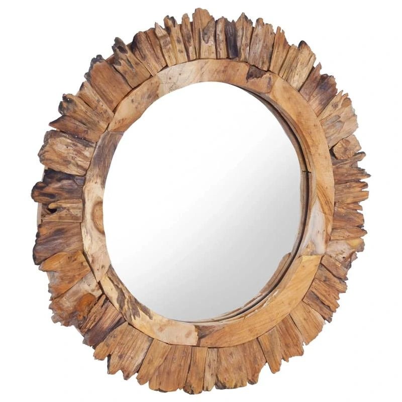 Vue en 3/4 du miroir rond bois flotté mettant en valeur son cadre sculpté en forme de pétales.
