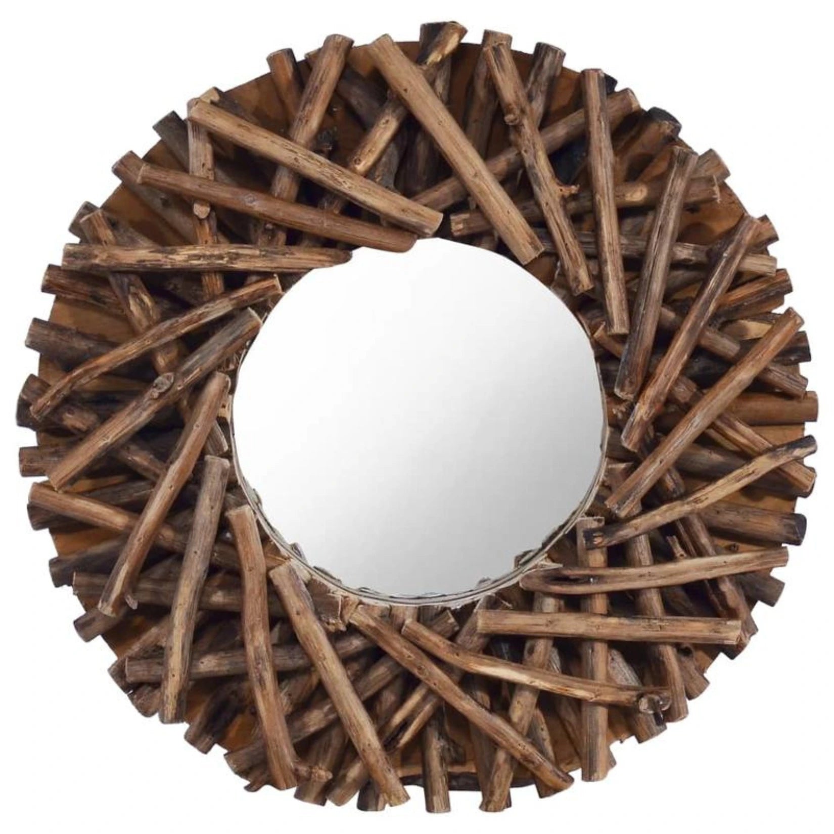 Vue complète de face du miroir rond bois flotté.