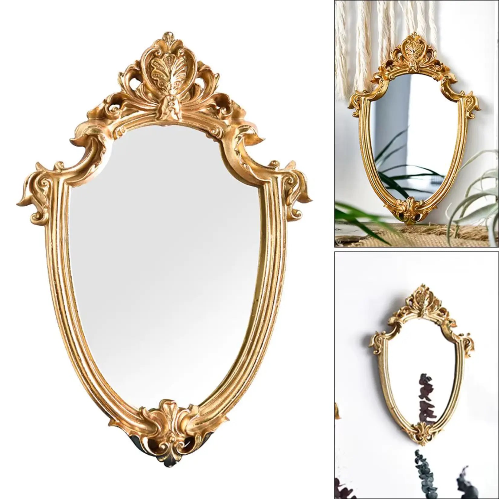 Miroir rond doré baroque différentes vues en pleine face.