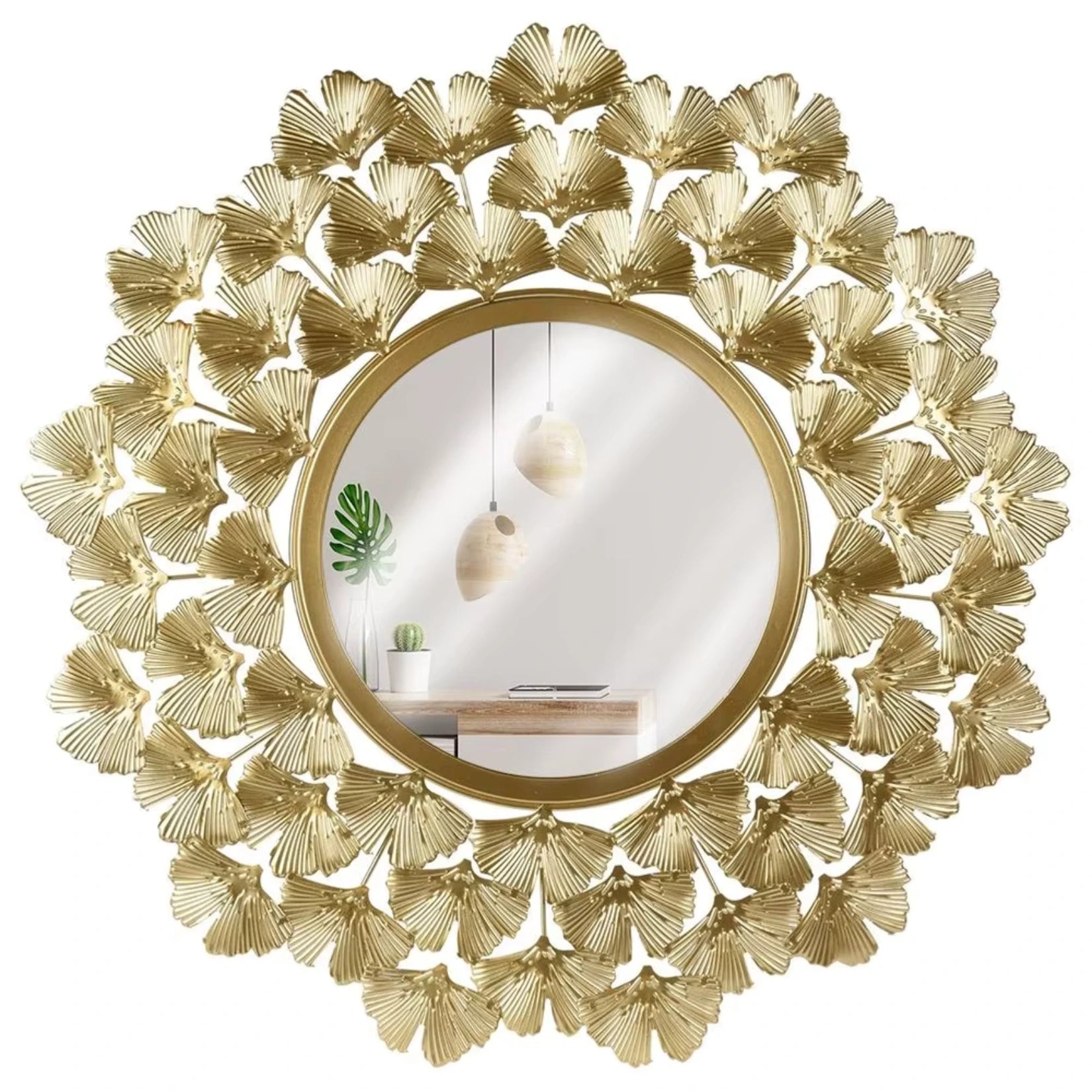Miroir rond doré design vu de face avec détail floral en métal.