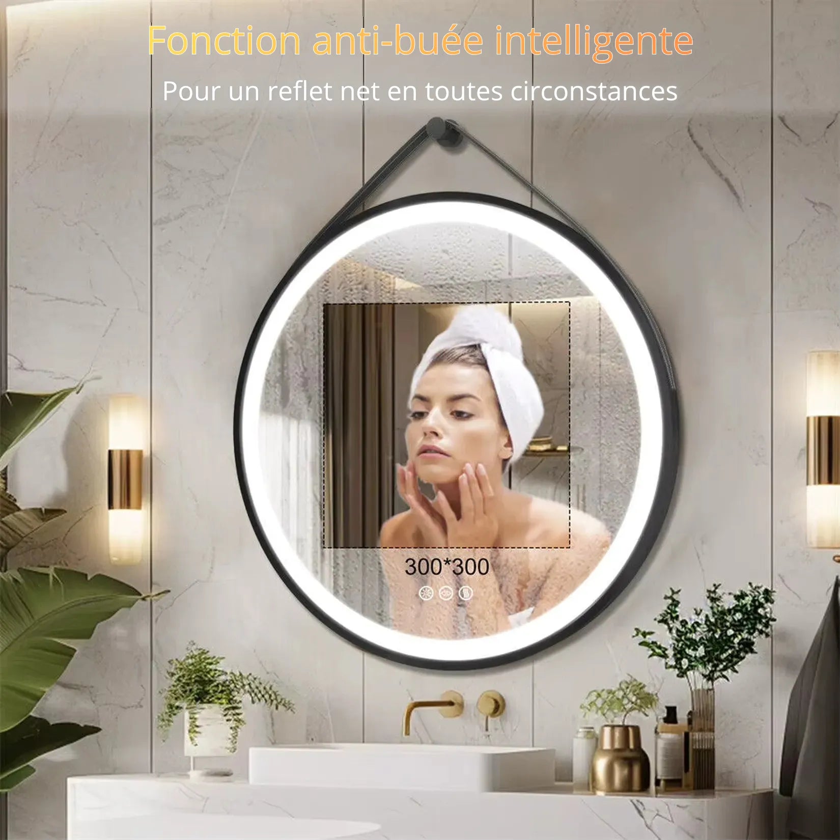 Miroir rond LED anti-buée 70 cm en salle de bain – zone désambuante 300x300 mm.