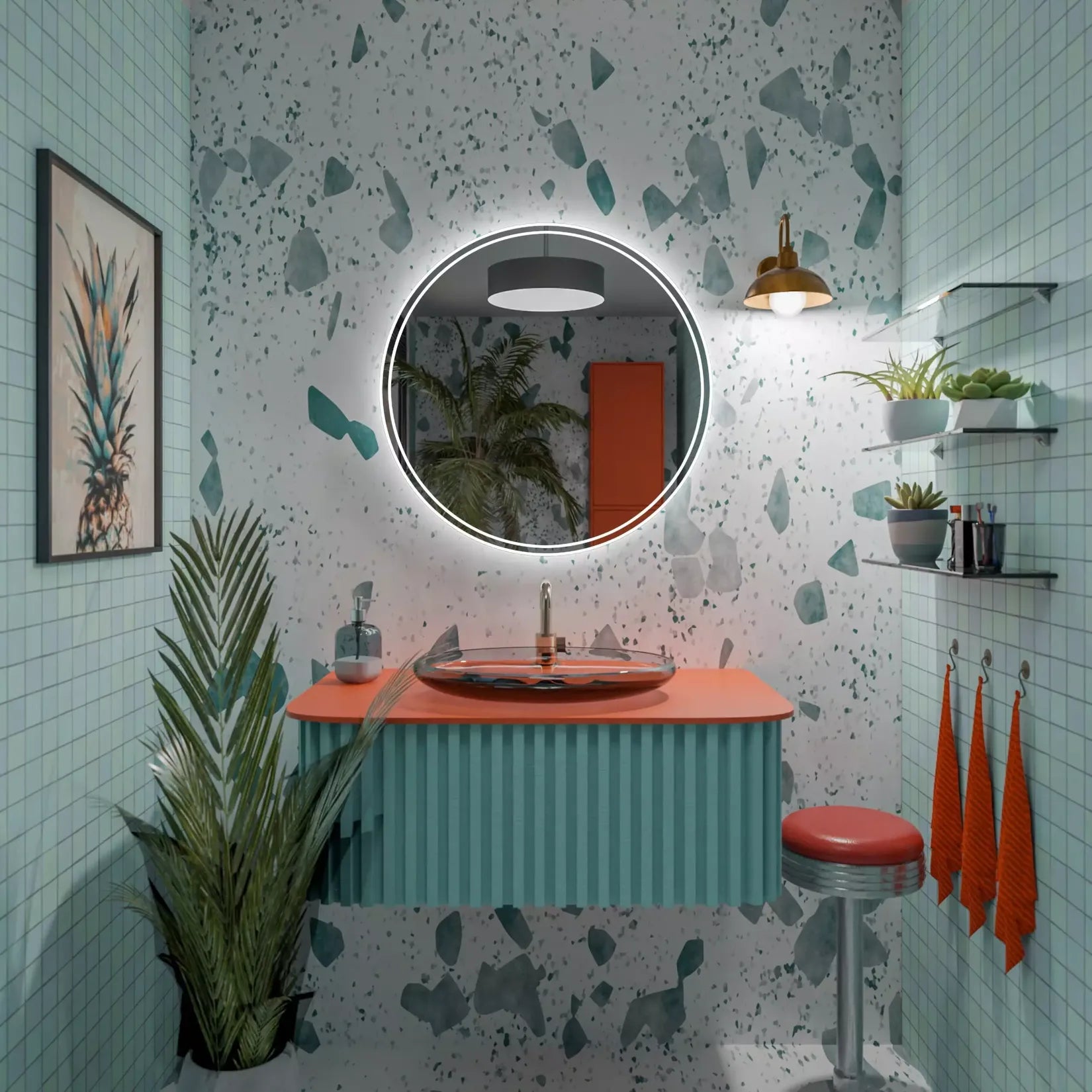 Miroir rond LED dans salle de bain colorée style terrazzo.