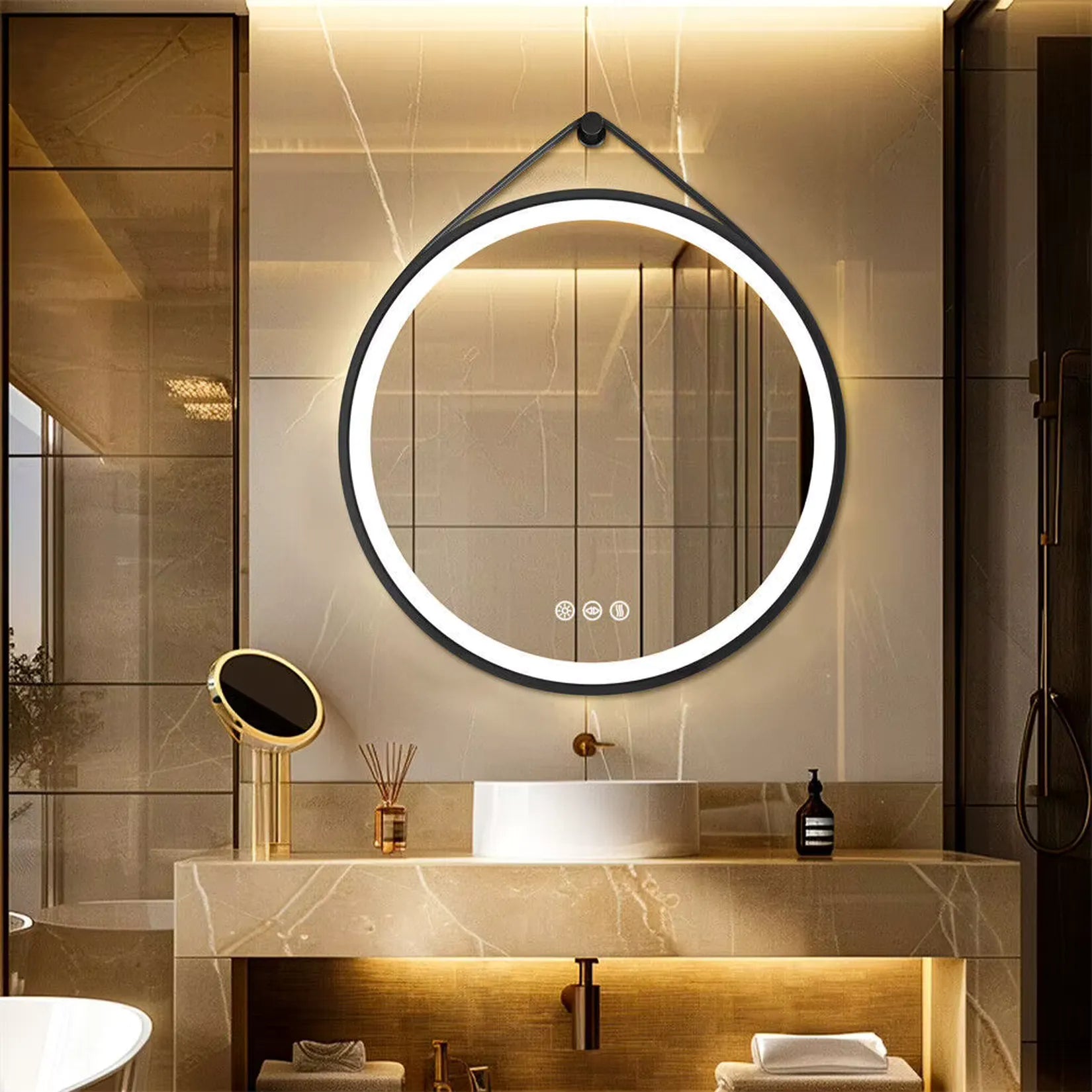 Miroir rond LED 70 cm salle de bain luxe – éclairage chaud 3000K.
