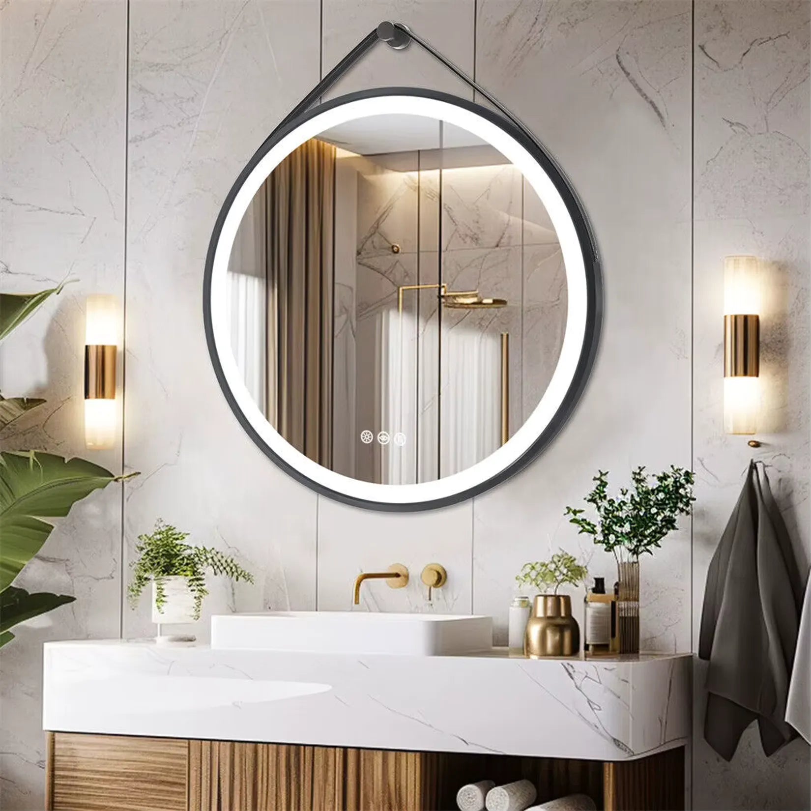 Miroir rond LED 70 cm salle de bain marbre – éclairage blanc froid 6000K.