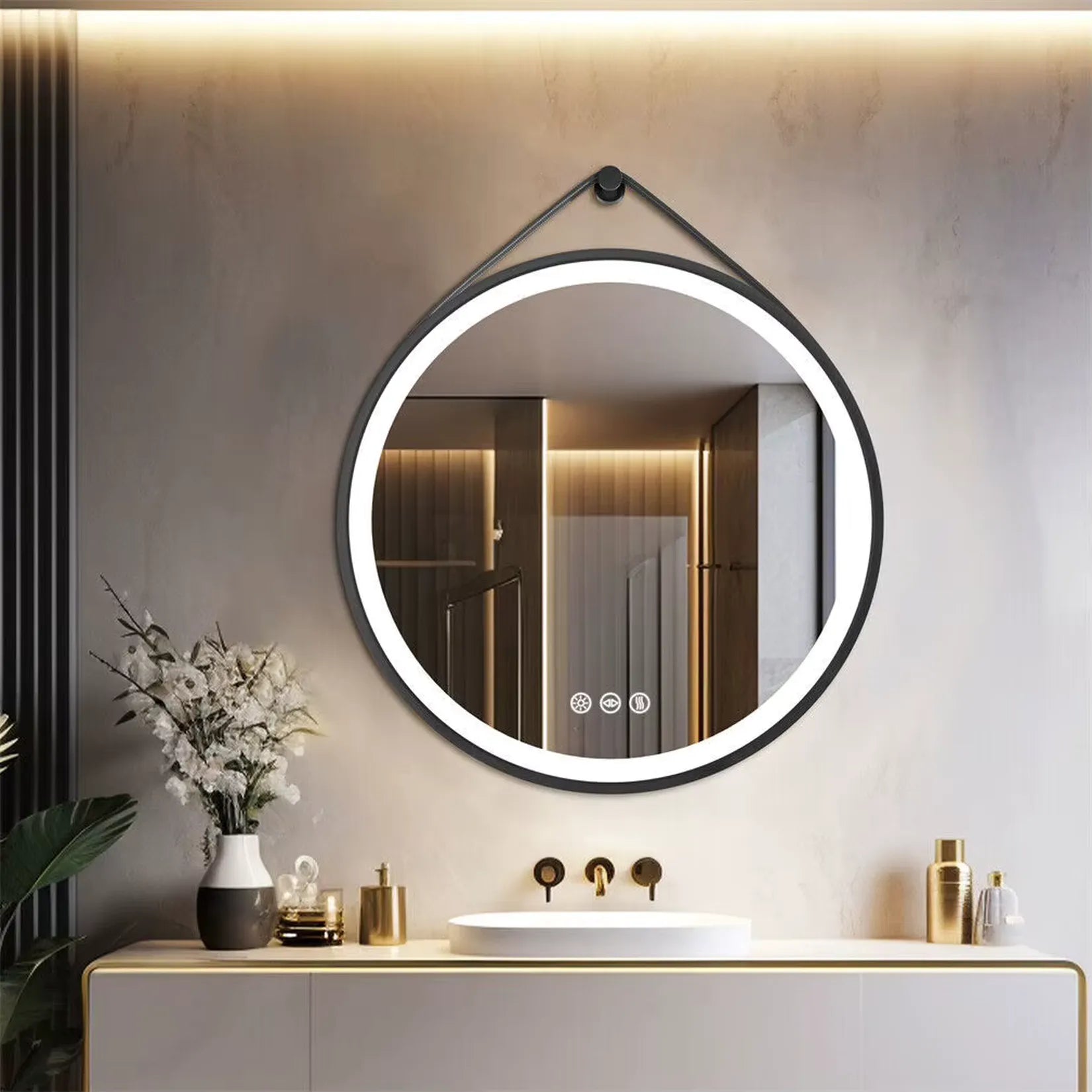 Miroir rond LED salle de bain moderne – cadre noir sangle cuir ambiance neutre.