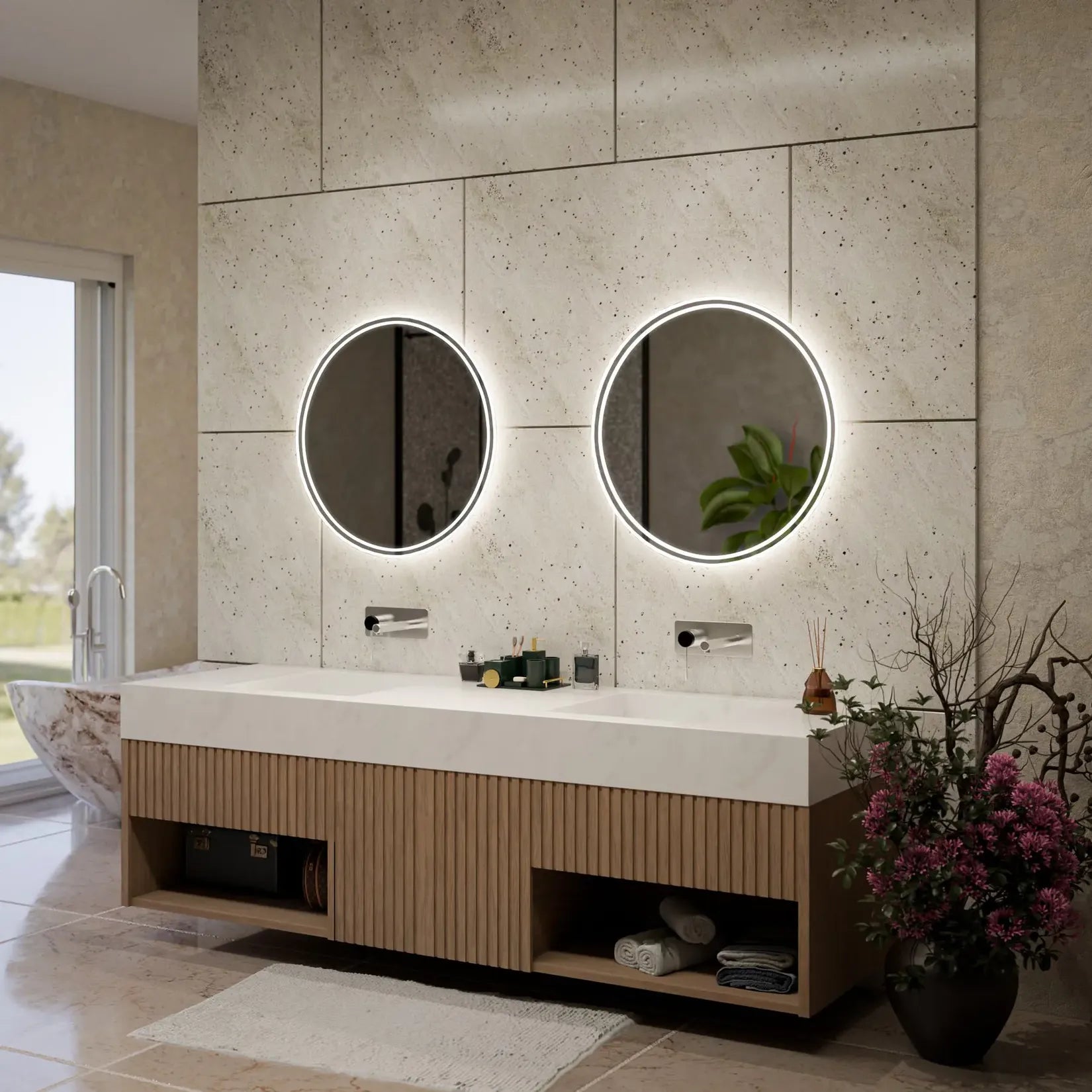Miroir rond LED salle de bain ambiance pierre naturelle.