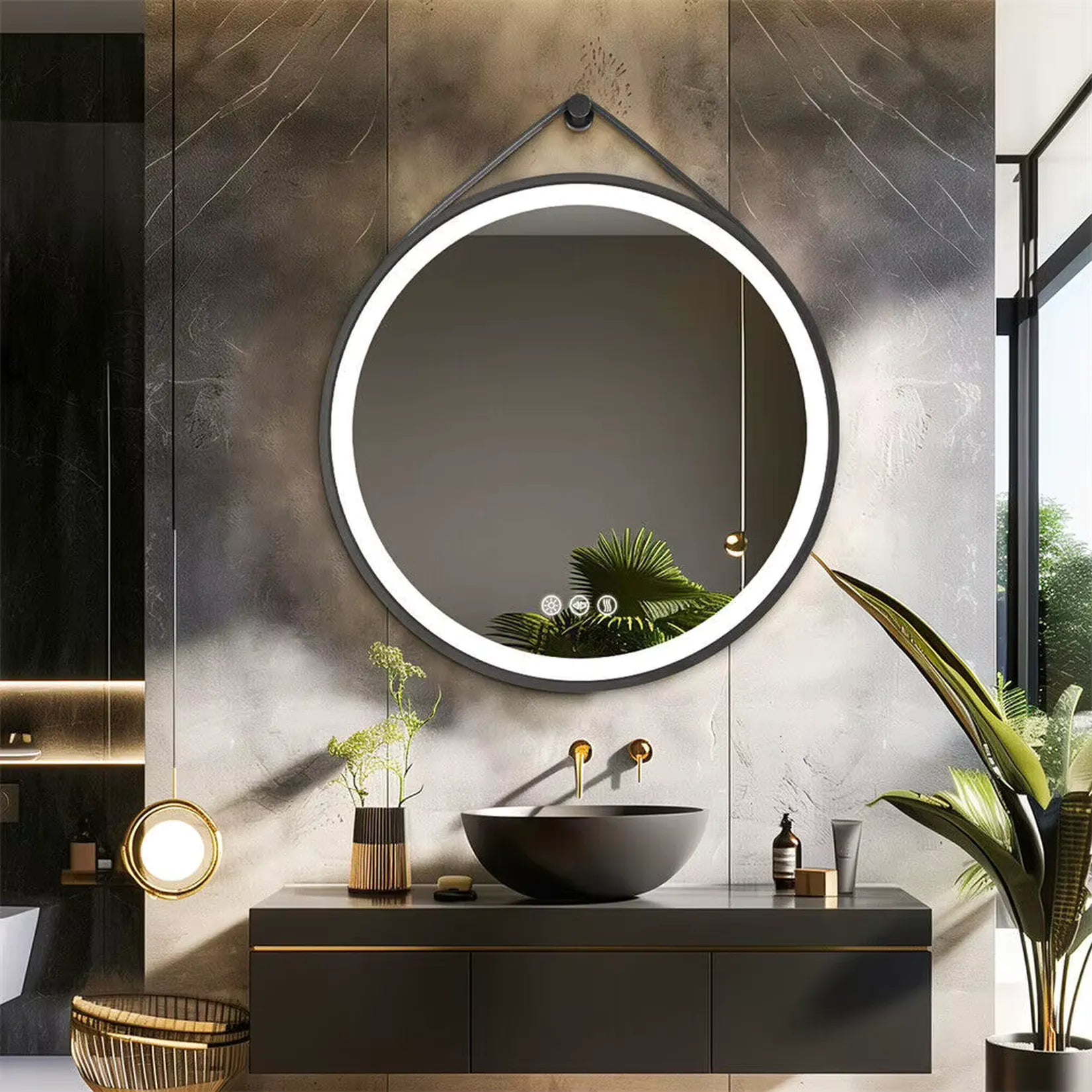 Miroir rond lumineux LED cadre noir – ambiance salle de bain style industriel.