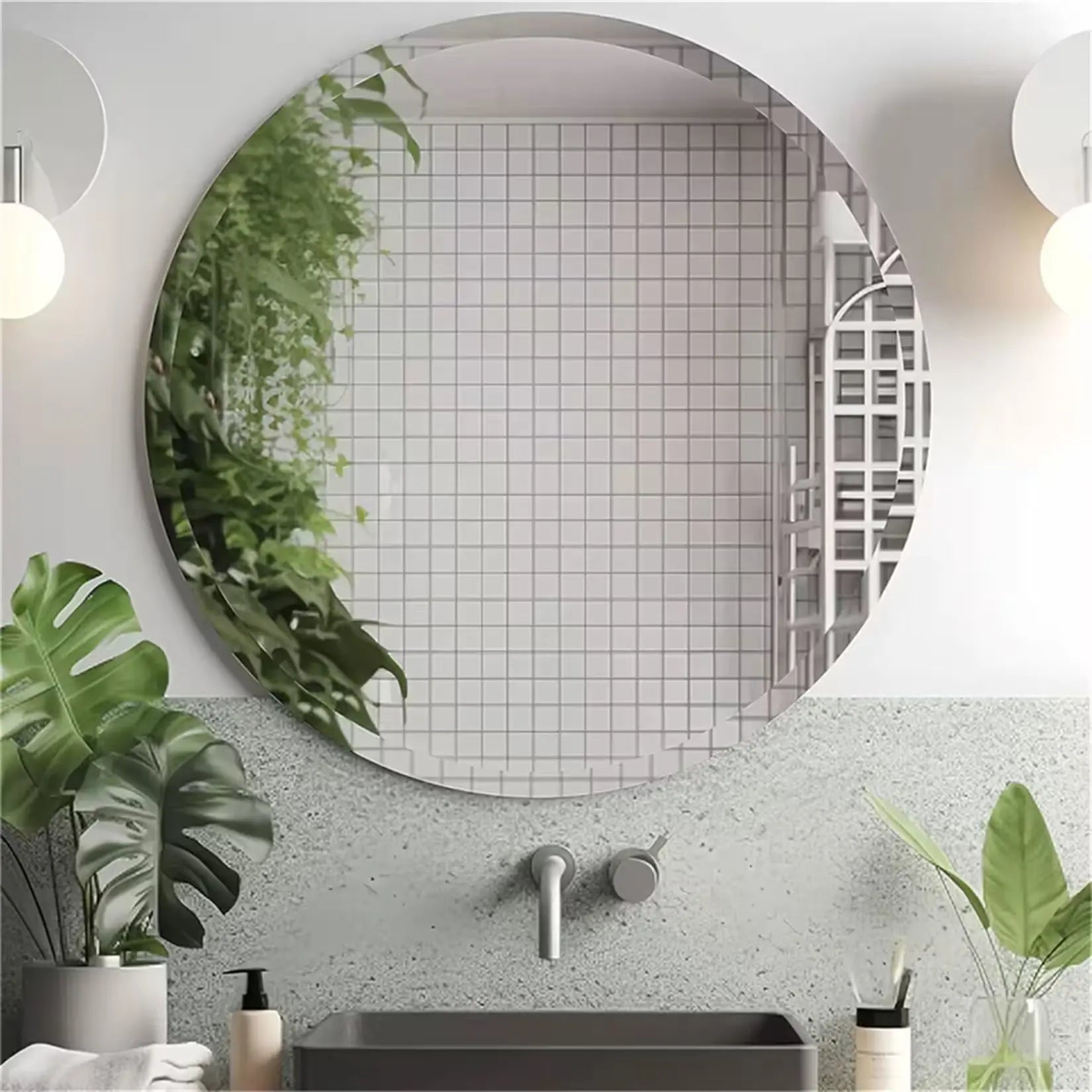 Miroir rond sans cadre avec ambiance végétale relaxante.