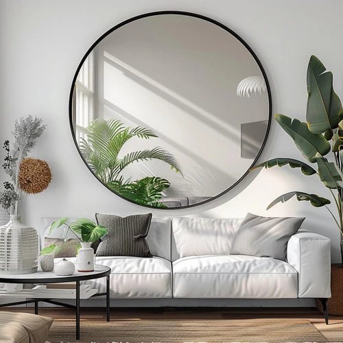 Miroir rond noir 100 cm dans un salon lumineux et contemporain, avec des plantes et un canapé blanc.