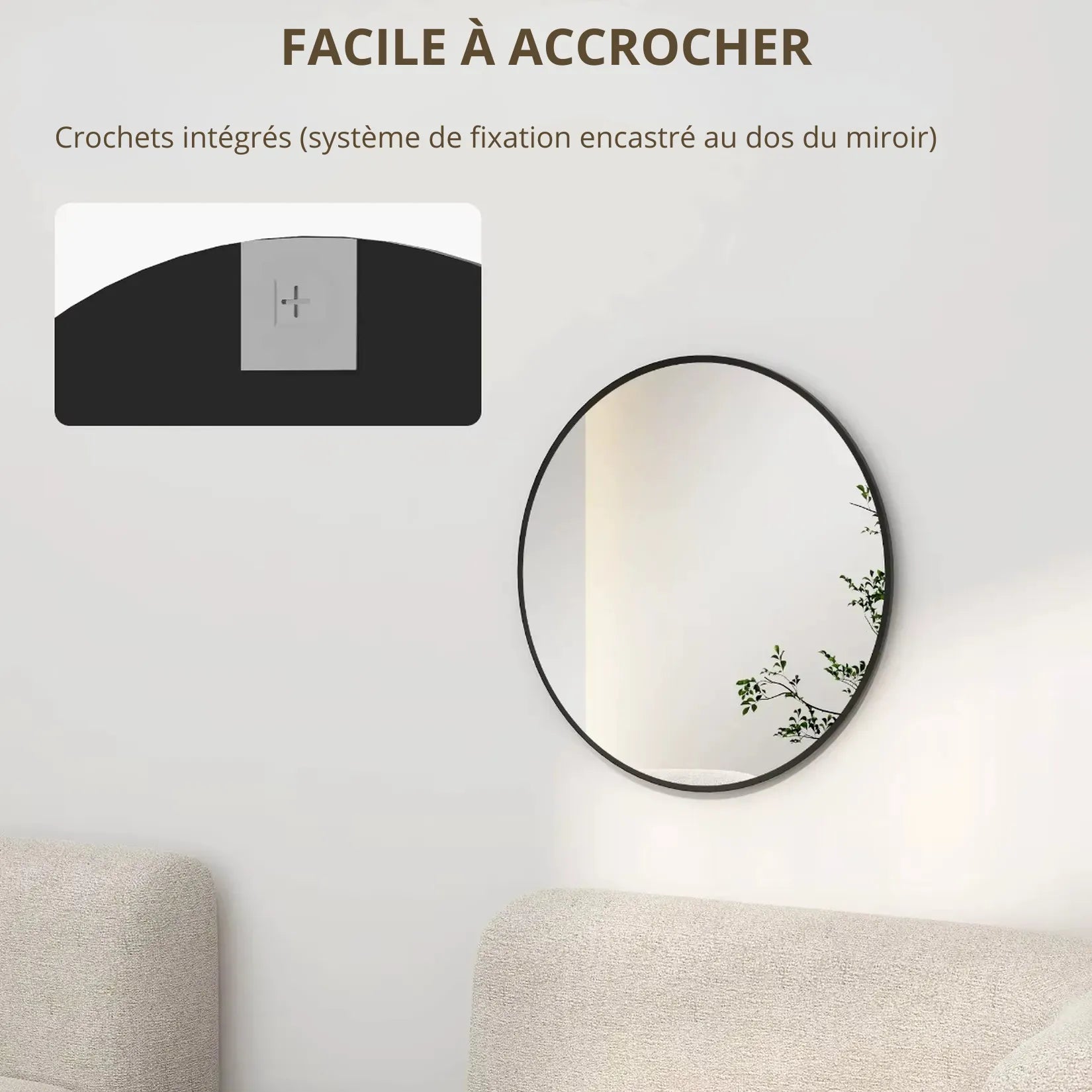 Miroir rond noir cadre aluminium – Système de fixation crochet intégré.