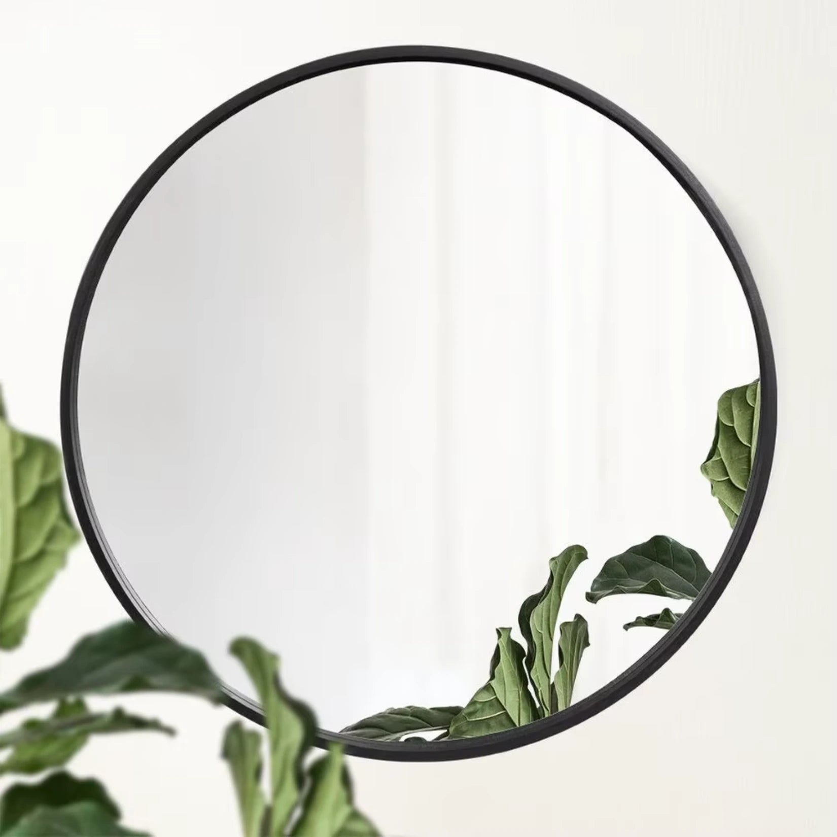 Miroir rond noir fixé sur un mur blanc, reflétant un intérieur lumineux avec des plantes vertes.