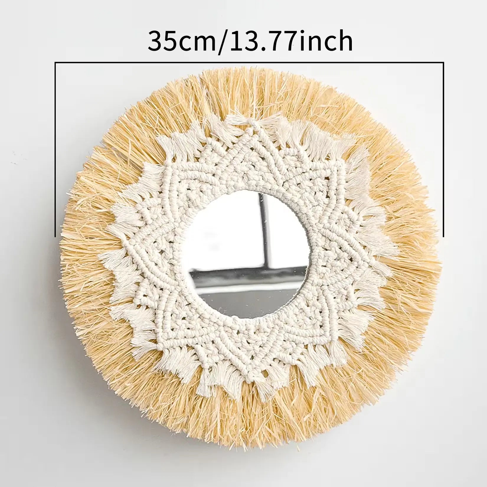 Miroir rond raphia 35 cm avec tissage macramé et dimensions.