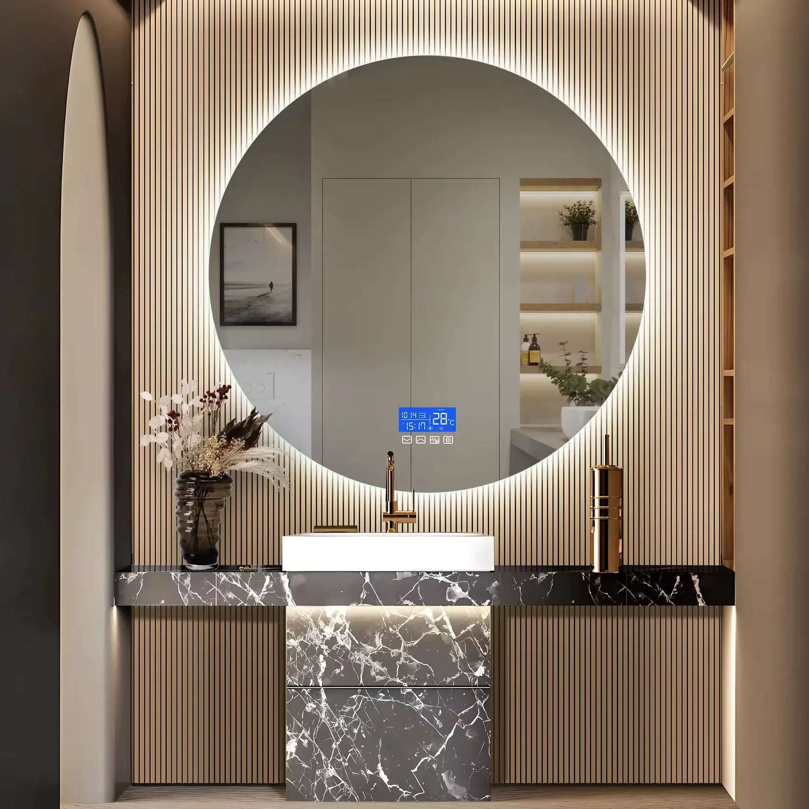 Miroir rond salle de bain 100 cm avec éclairage LED complet pour décoration contemporaine.