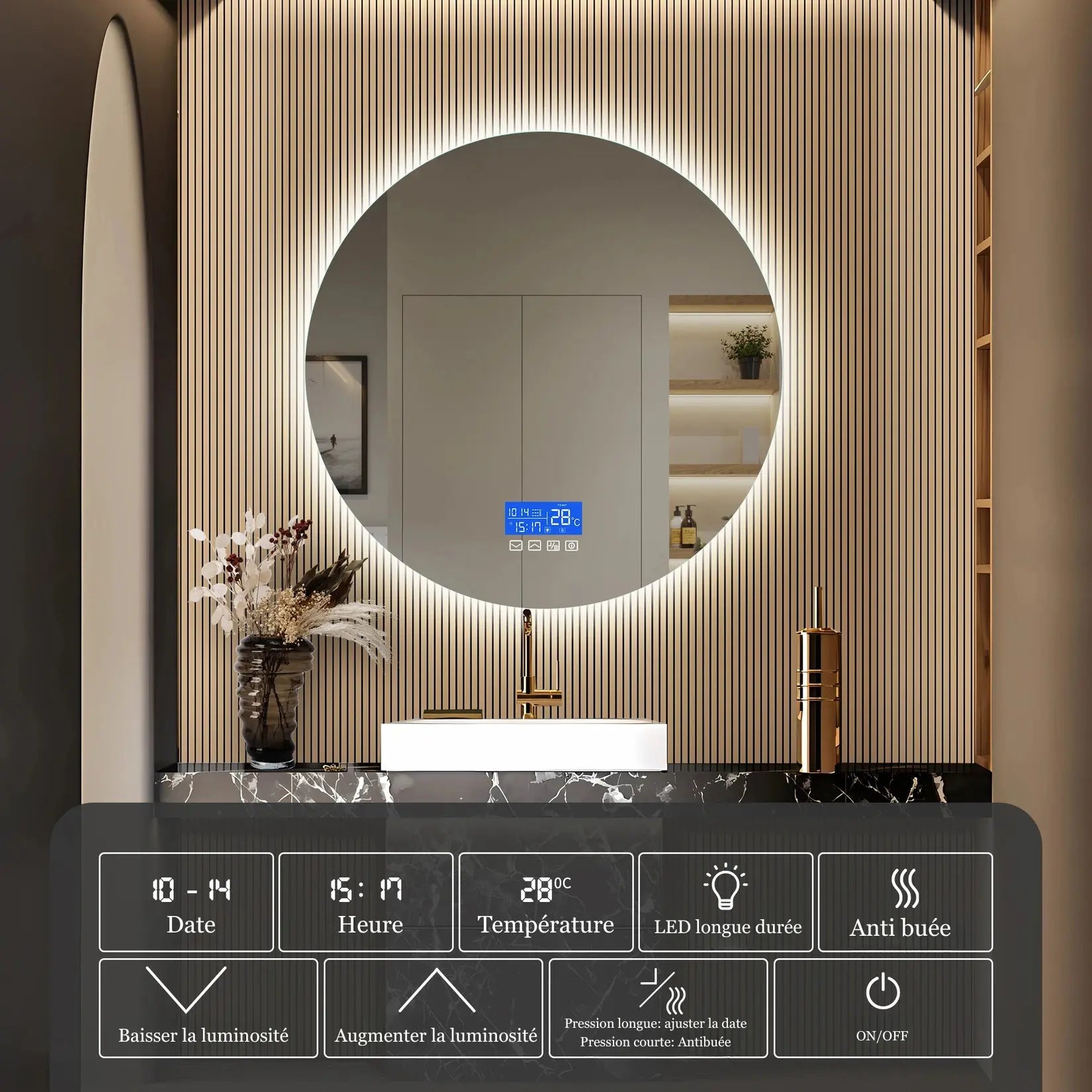 Miroir rond salle de bain LED 60 cm avec fonctions intégrées affichage date heure température et anti-buée.