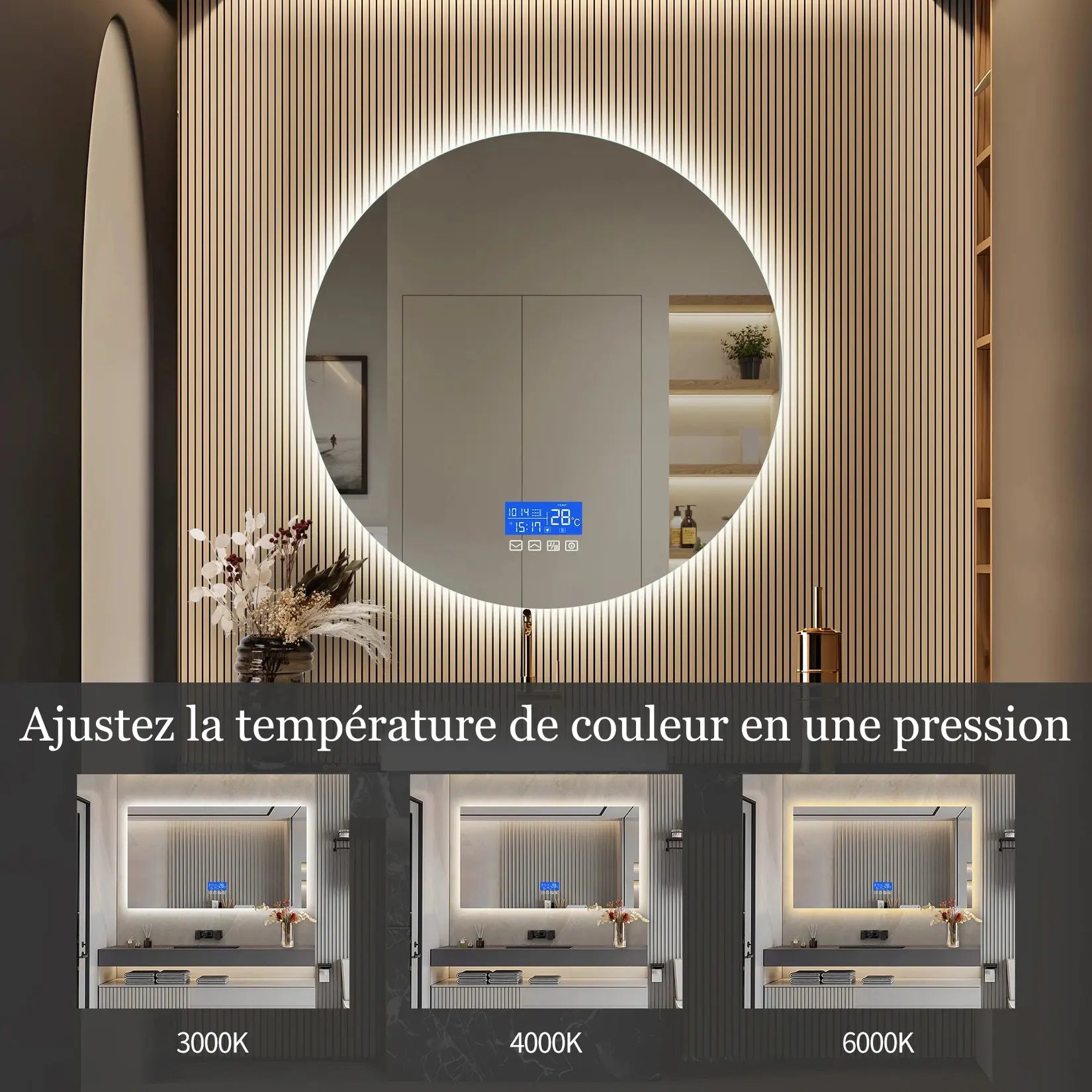 Miroir rond salle de bain LED 60 cm avec réglage de la température de couleur 3000K 4000K 6000K.