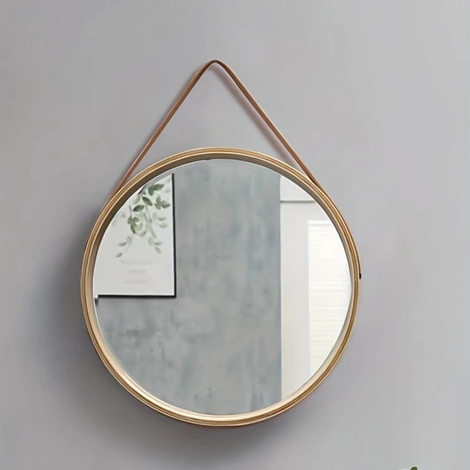 Miroir rond mural style scandinave en bois naturel avec sangle.