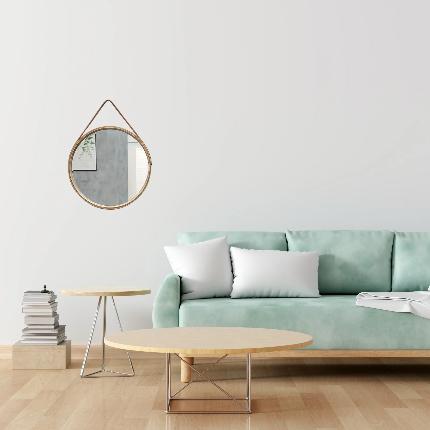 Miroir rond suspendu en bois naturel avec sangle, parfait pour un intérieur minimaliste.