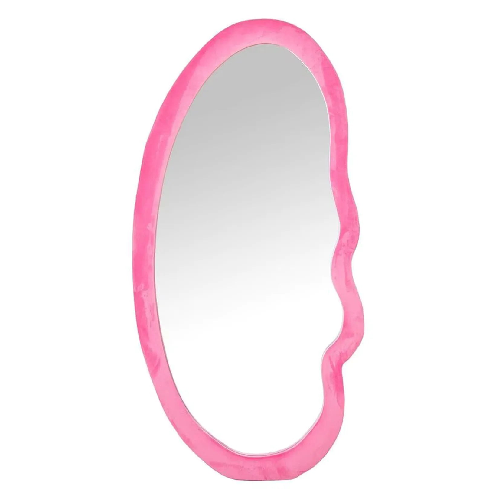 Miroir rose cadre velours forme organique irrégulière – Vue face.
