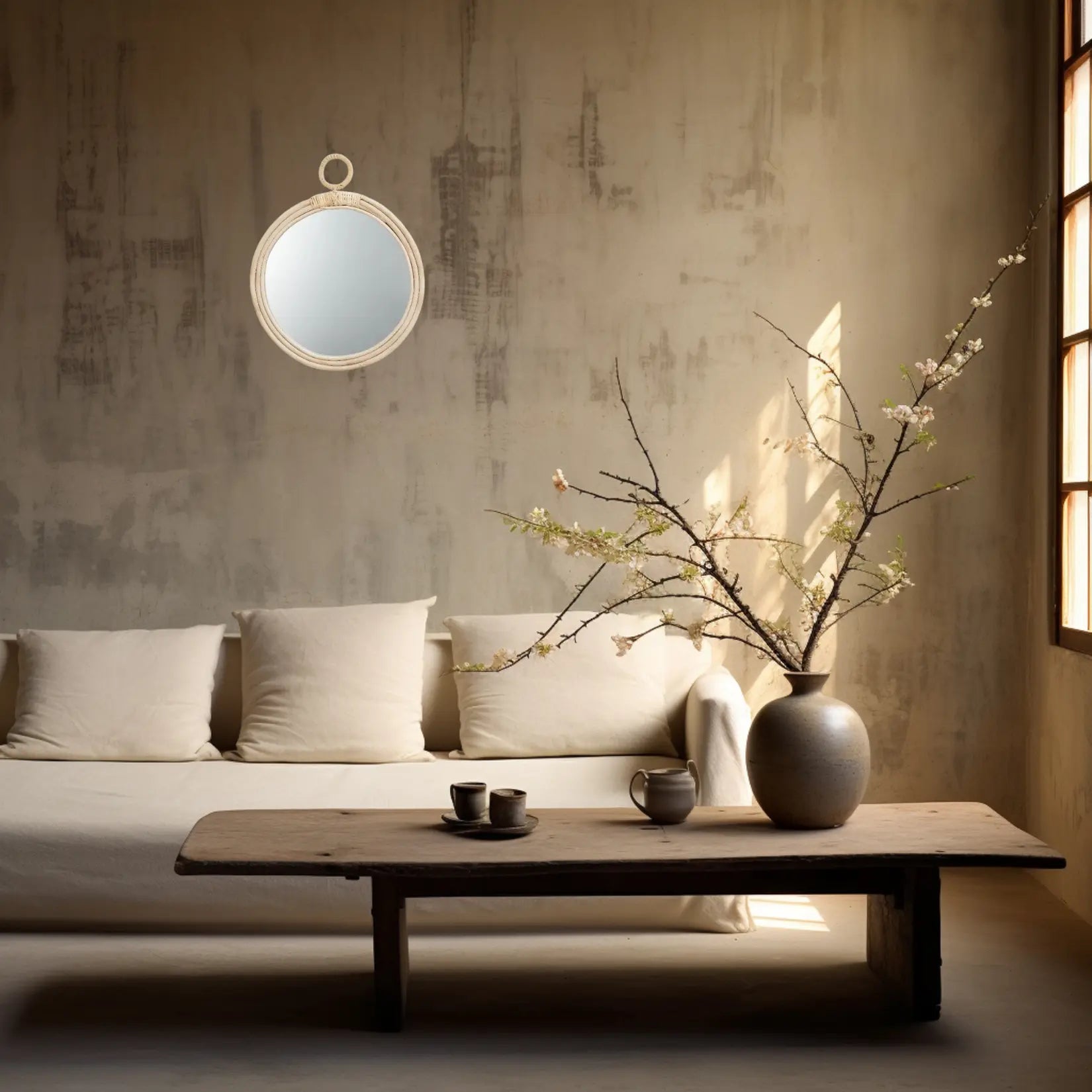 Miroir Rotin Rond avec anneau dans un intérieur wabi-sabi avec canapé blanc, table basse en bois brut et vase minimaliste.
