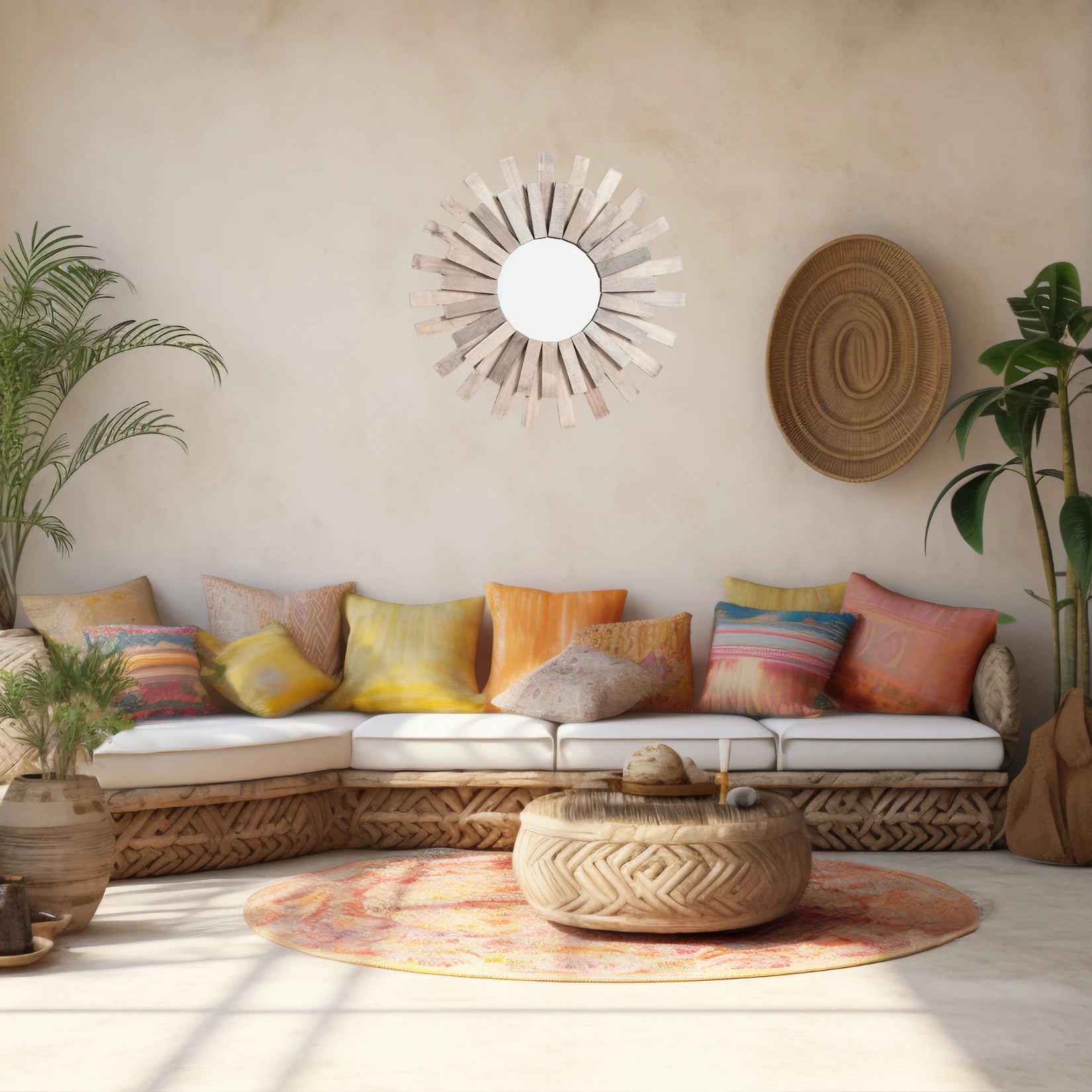 Miroir rotin vintage installé dans un salon bohème lumineux.