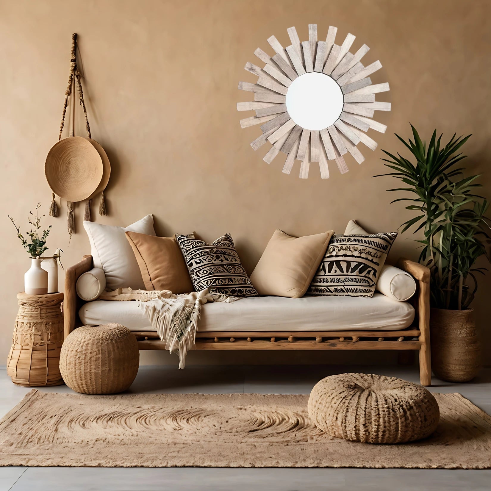 Miroir rotin vintage sublimant un intérieur chaleureux et élégant.