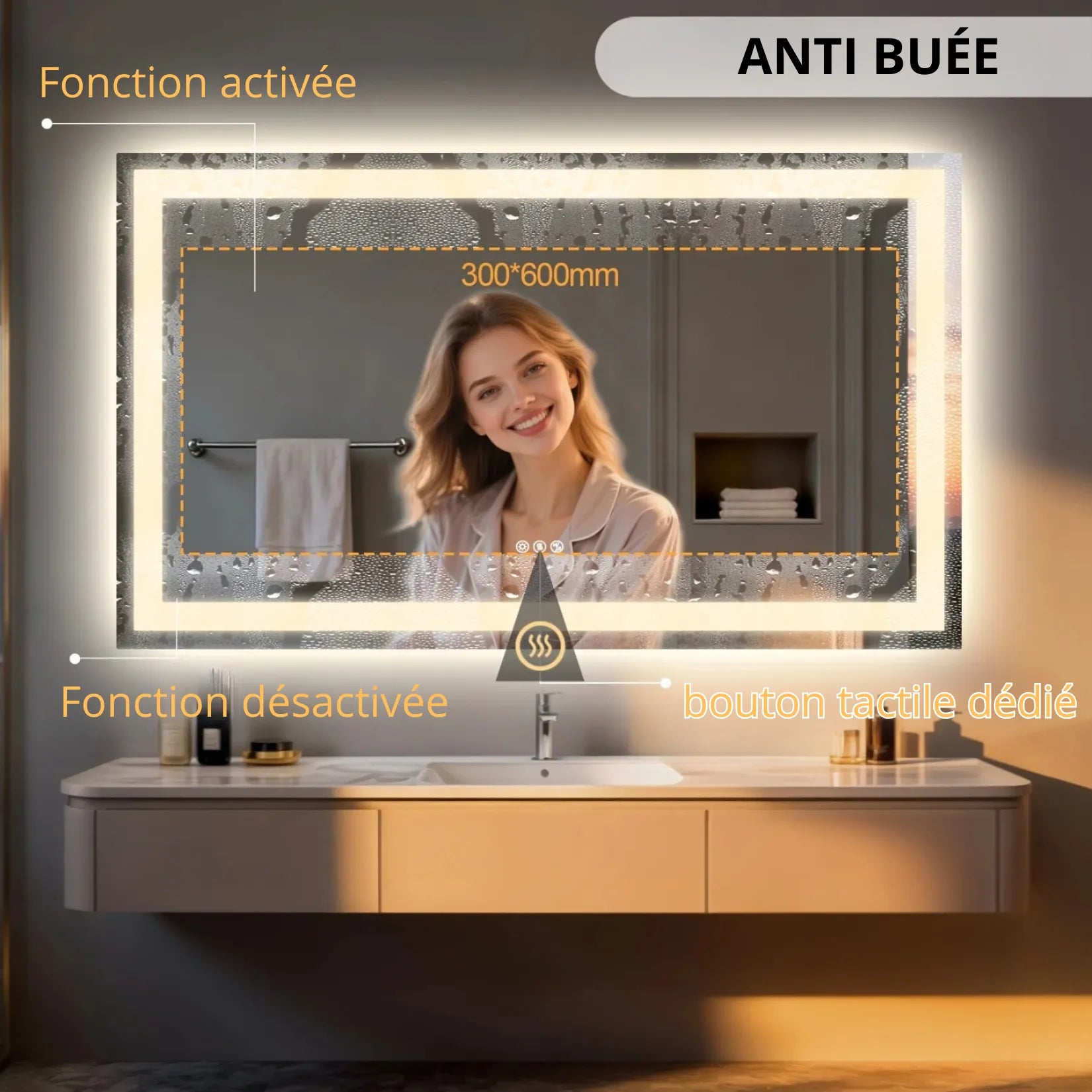 Miroir salle de bain 120 cm – fonction anti-buée et bouton tactile dédié.