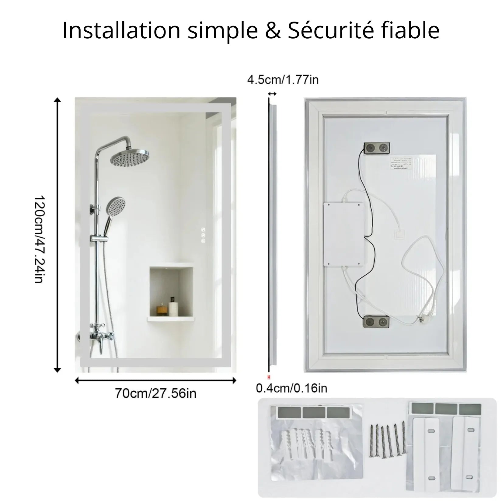 Miroir salle de bain 120 x 70 cm – dimensions et système de fixation murale.