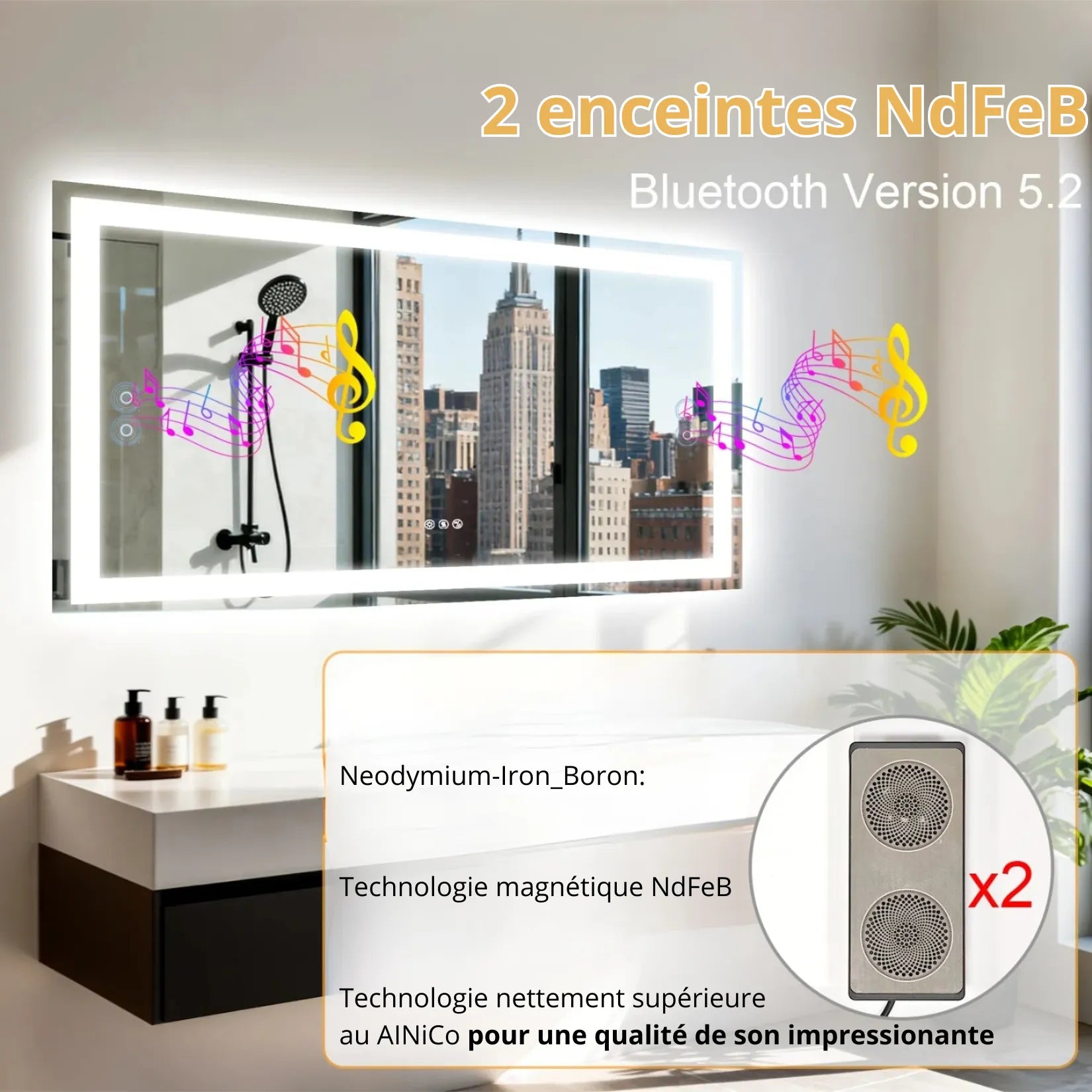 Miroir salle de bain 120 cm – 2 enceintes NdFeB Bluetooth 5.2 intégrées.