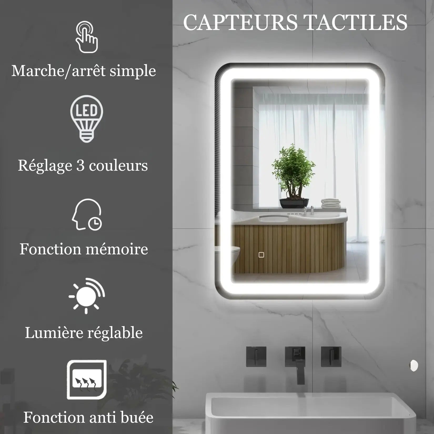 Miroir salle de bain 50x70 avec capteurs tactiles, marche/arrêt simple, LED réglables et fonction mémoire.