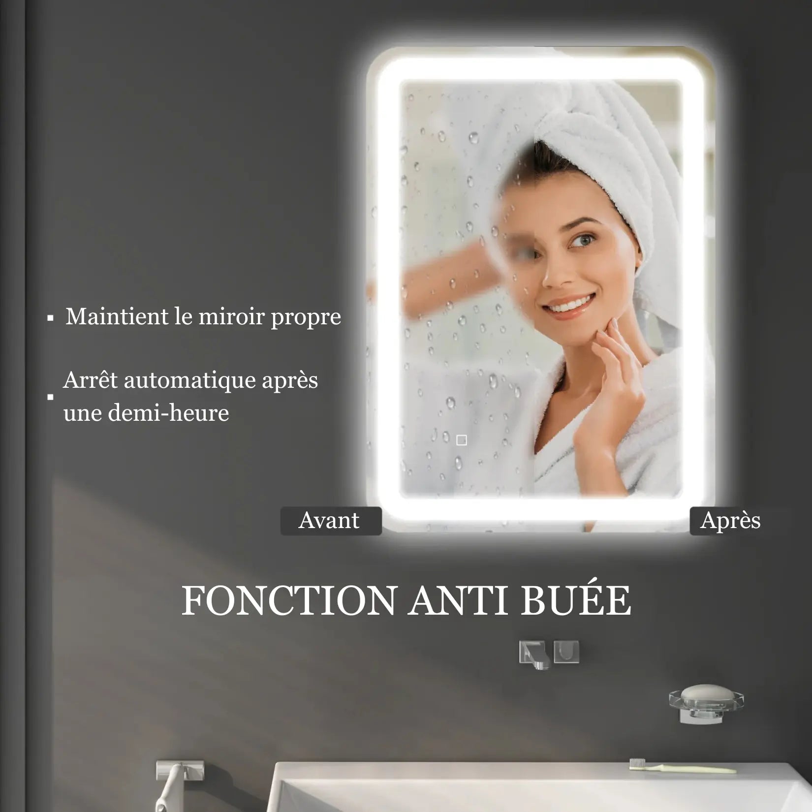 Miroir salle de bain 50x70 avec fonction anti-buée, surface claire après la douche et arrêt automatique.