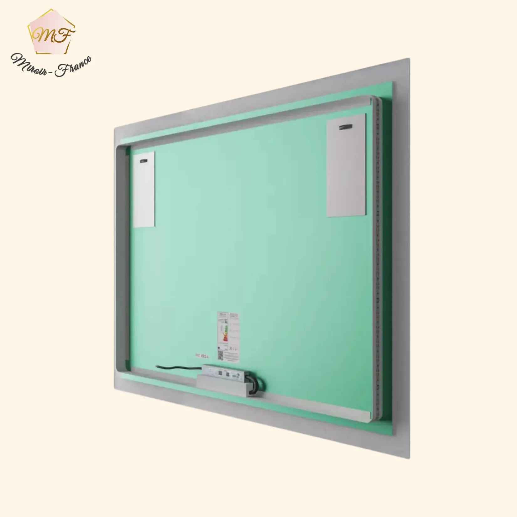 Face arrière du miroir de salle de bain 90x100 cm avec transformateur LED et câble de raccordement 230 V.